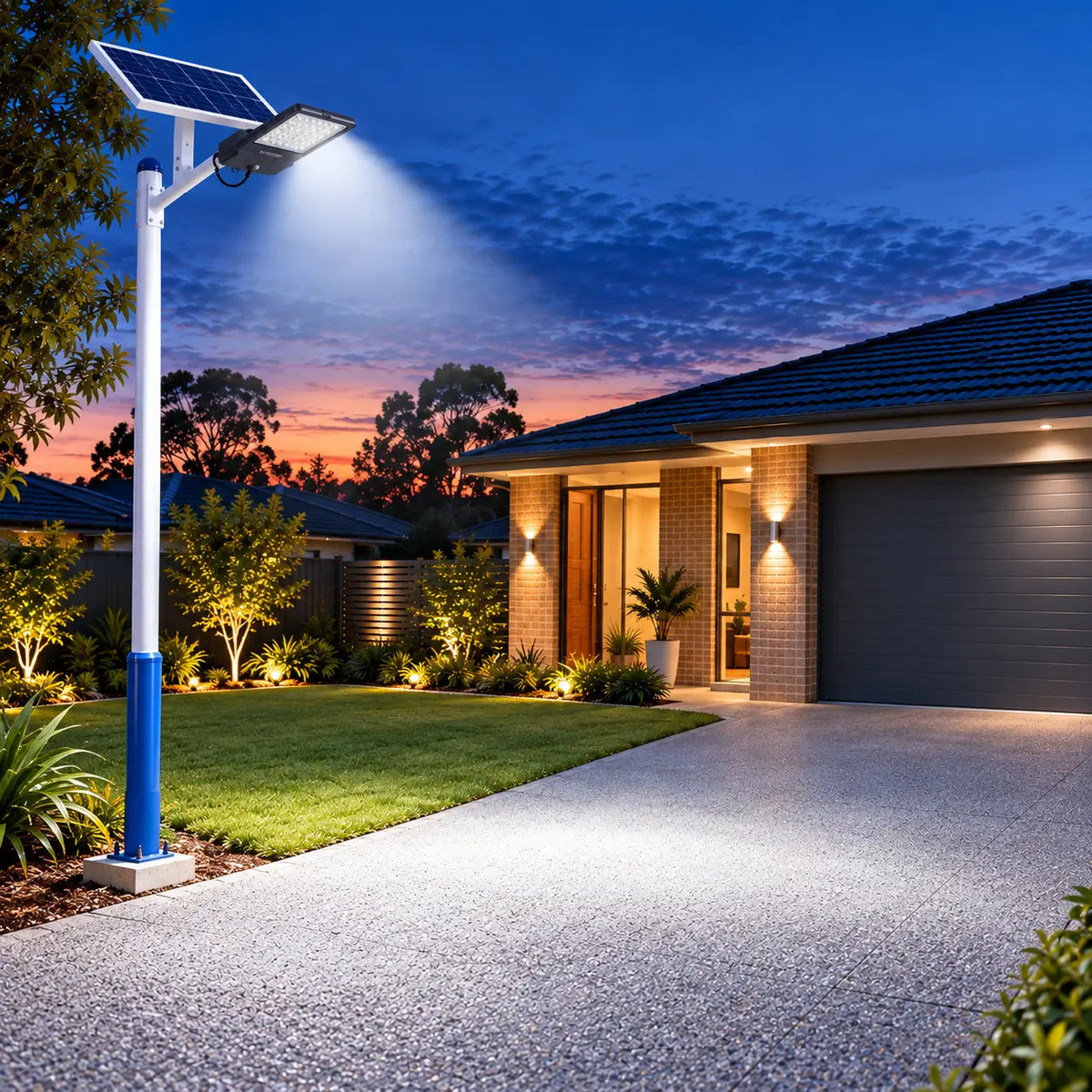 Rainman G30S solar street light mounted on a blue-based white pole casting bright wide angle illumination over a suburban brick home driveway and front yard garden lawn at sunset.