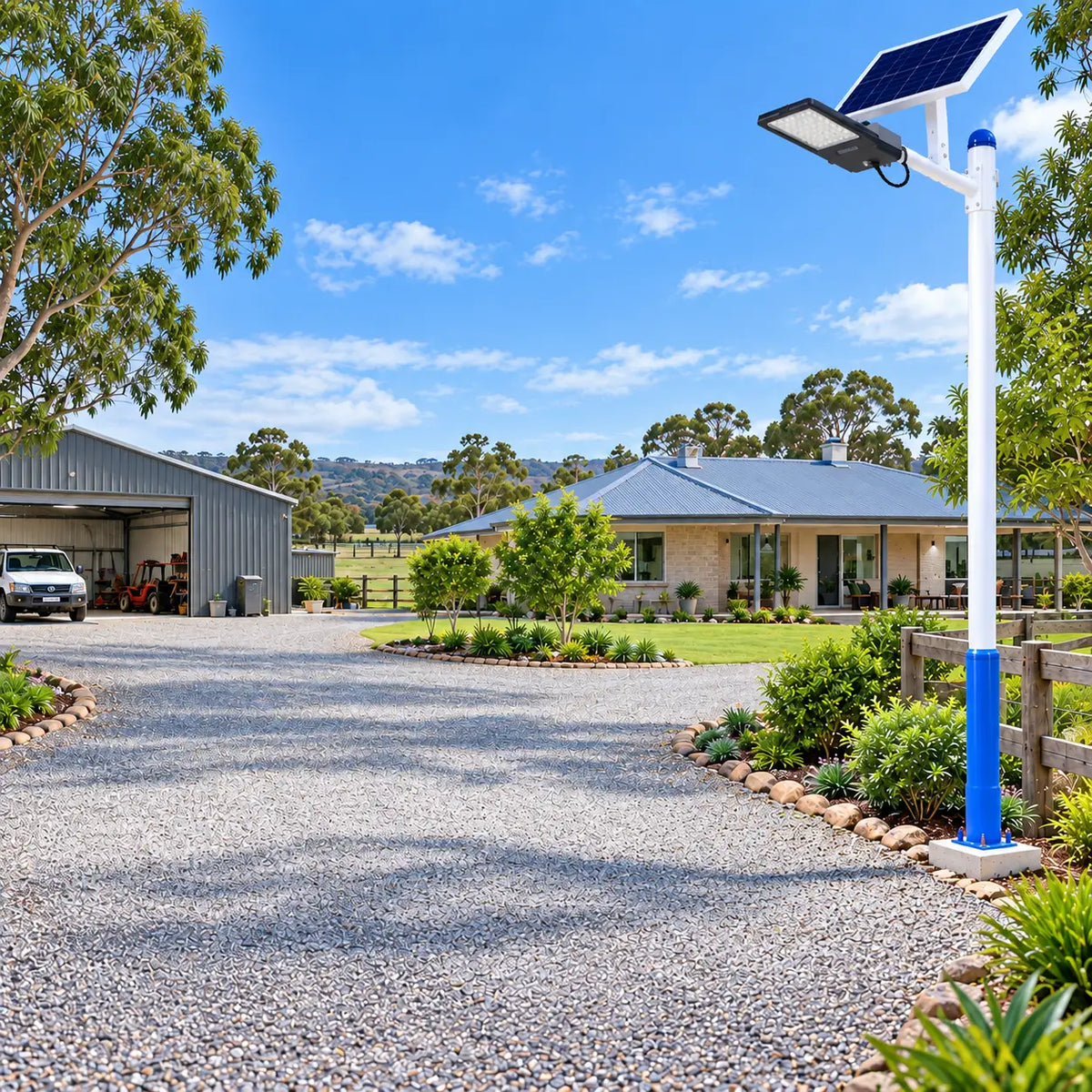 Rainman G30S solar street light pole-mounted alongside a gravel driveway on an Australian country acreage property with a residential house and large metal machinery farm shed in the background.