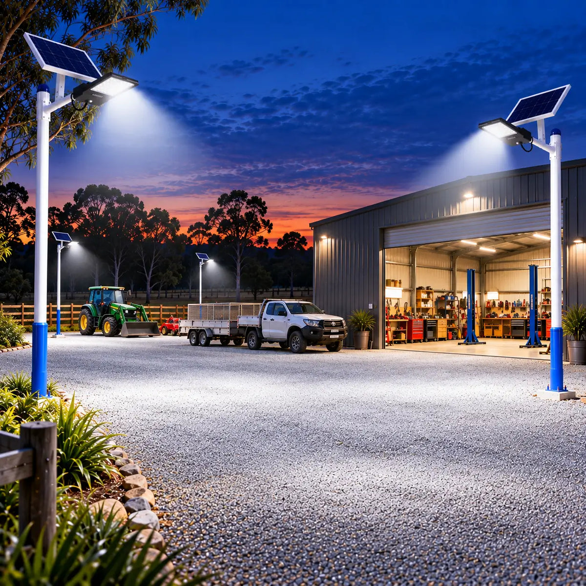 Multiple Rainman G30S solar street lights pole-mounted across a large gravel farm yard, casting bright wide-angle commercial lighting over an open mechanics workshop shed, a utility truck with a trailer, and a green tractor at night.