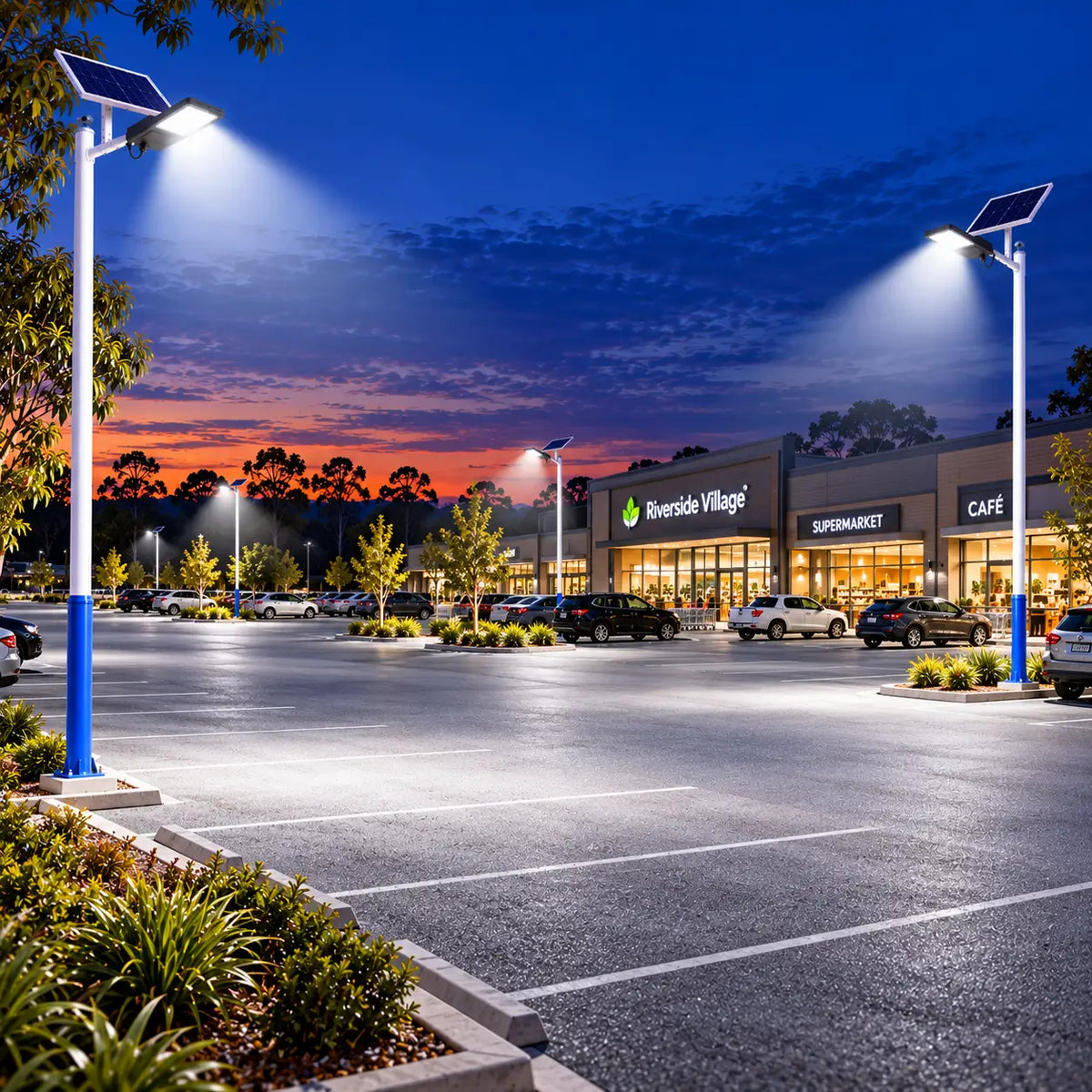 Multiple Rainman G60 commercial solar street lights mounted on tall white-and-blue poles, casting bright 4100 lumens security illumination across a shopping centre car park with a supermarket and café visible at dusk.