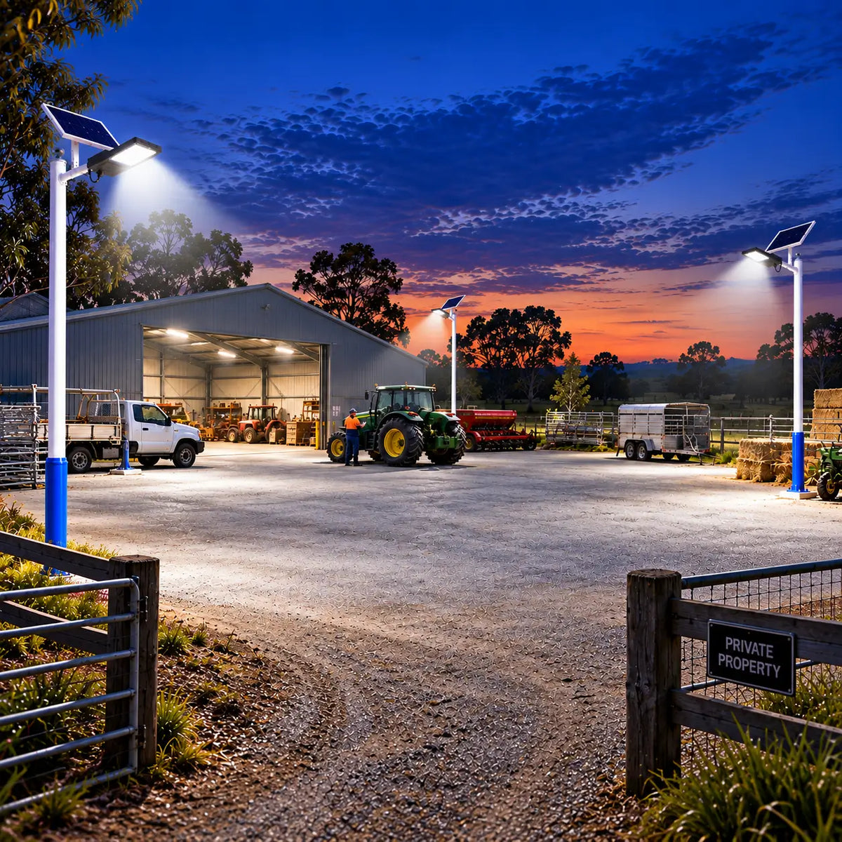 Multiple Rainman G60 commercial solar street lights pole-mounted around a large rural property machinery shed, casting bright 4,100 lumens security illumination over a tractor, farm gate, and private property entrance at night.