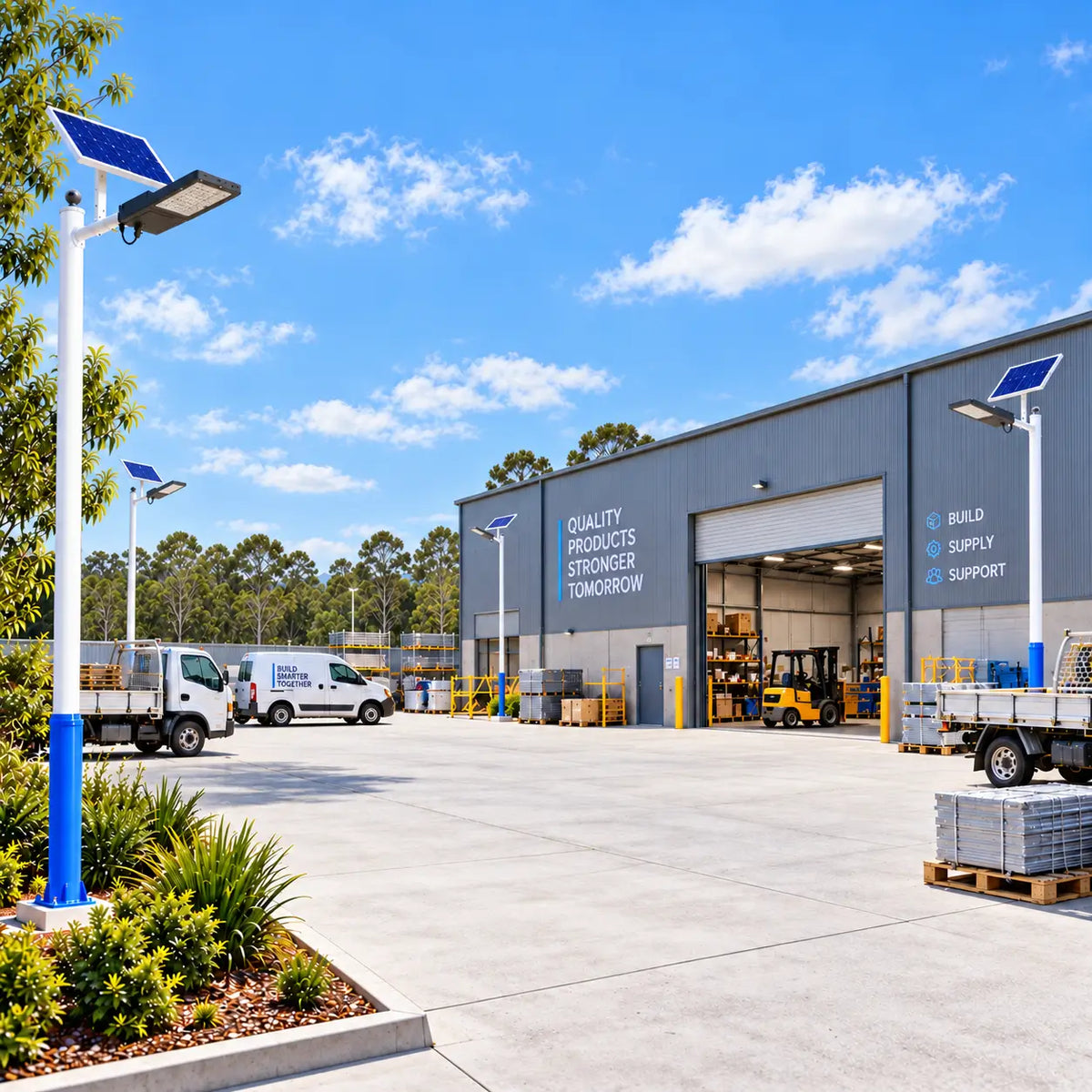 Multiple Rainman G60 commercial solar street lights pole-mounted around an industrial warehouse yard and loading dock, providing off-grid security illumination near delivery vans and forklifts.