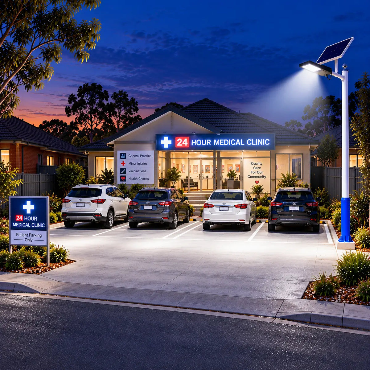 A Rainman G60 commercial solar street light pole-mounted outside a 24-hour medical clinic, casting bright 4,100 lumens dusk-to-dawn safety lighting over patient car parks and the building entrance.