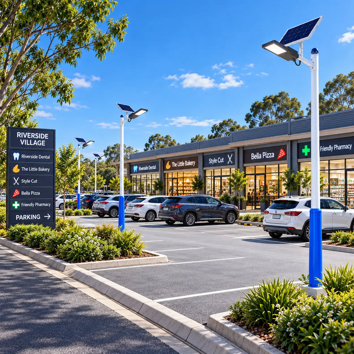 Multiple Rainman G60 commercial solar street lights pole-mounted across a retail shopping village car park, providing sleek, standalone green energy infrastructure near local dental, pharmacy, and bakery storefronts.