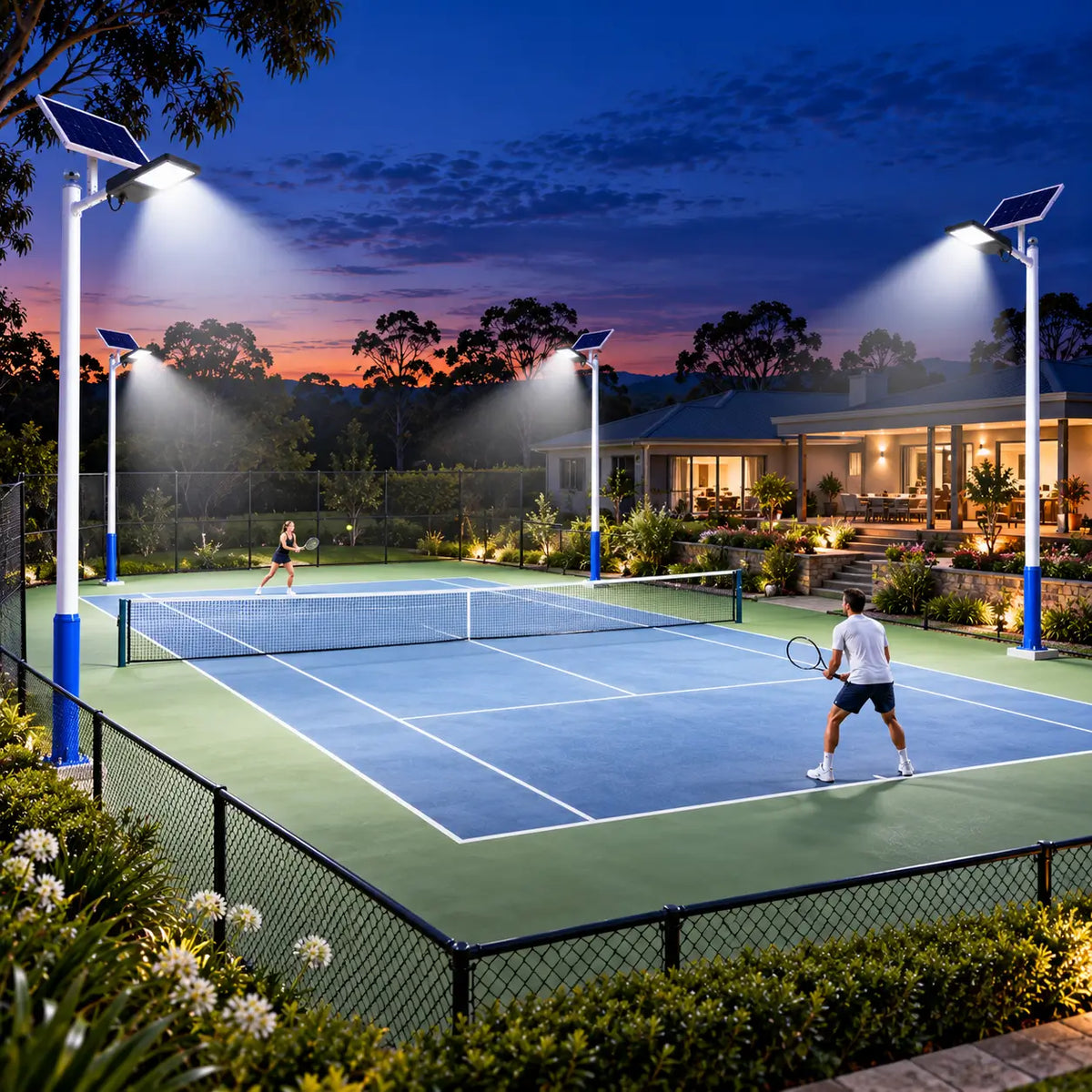 Four Rainman G60 commercial solar street lights pole-mounted around a private residential tennis court, casting bright 4,100 lumens flood illumination for a night game on an Australian acreage property.