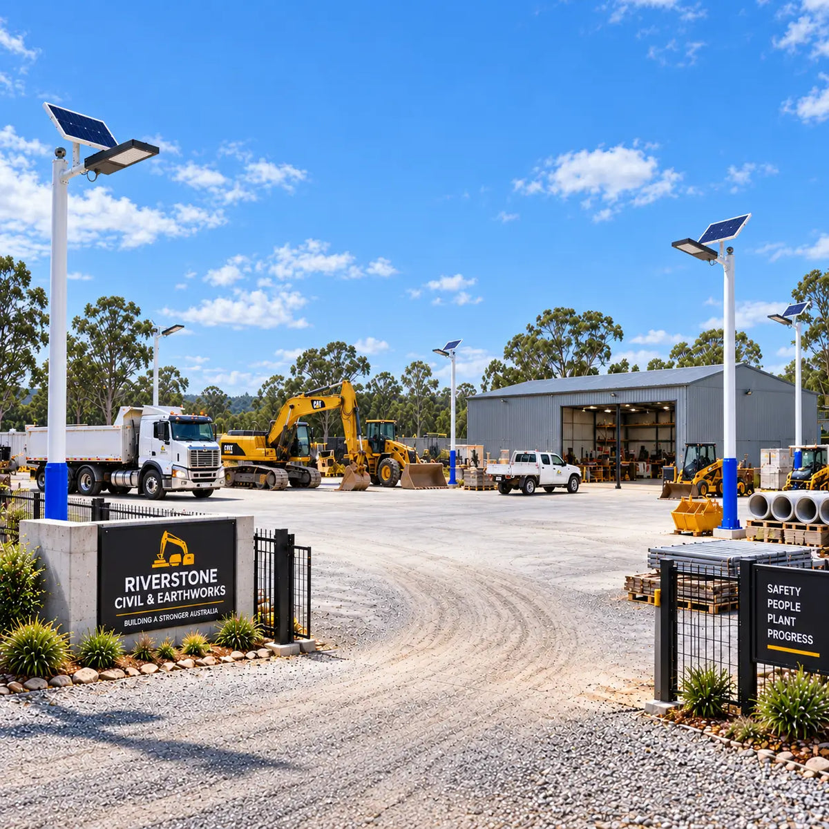 Multiple Rainman G90 commercial solar street lights pole-mounted around a civil earthworks facility during the day, showing off-grid green energy infrastructure installed near commercial trucks, excavators, and industrial workshops.