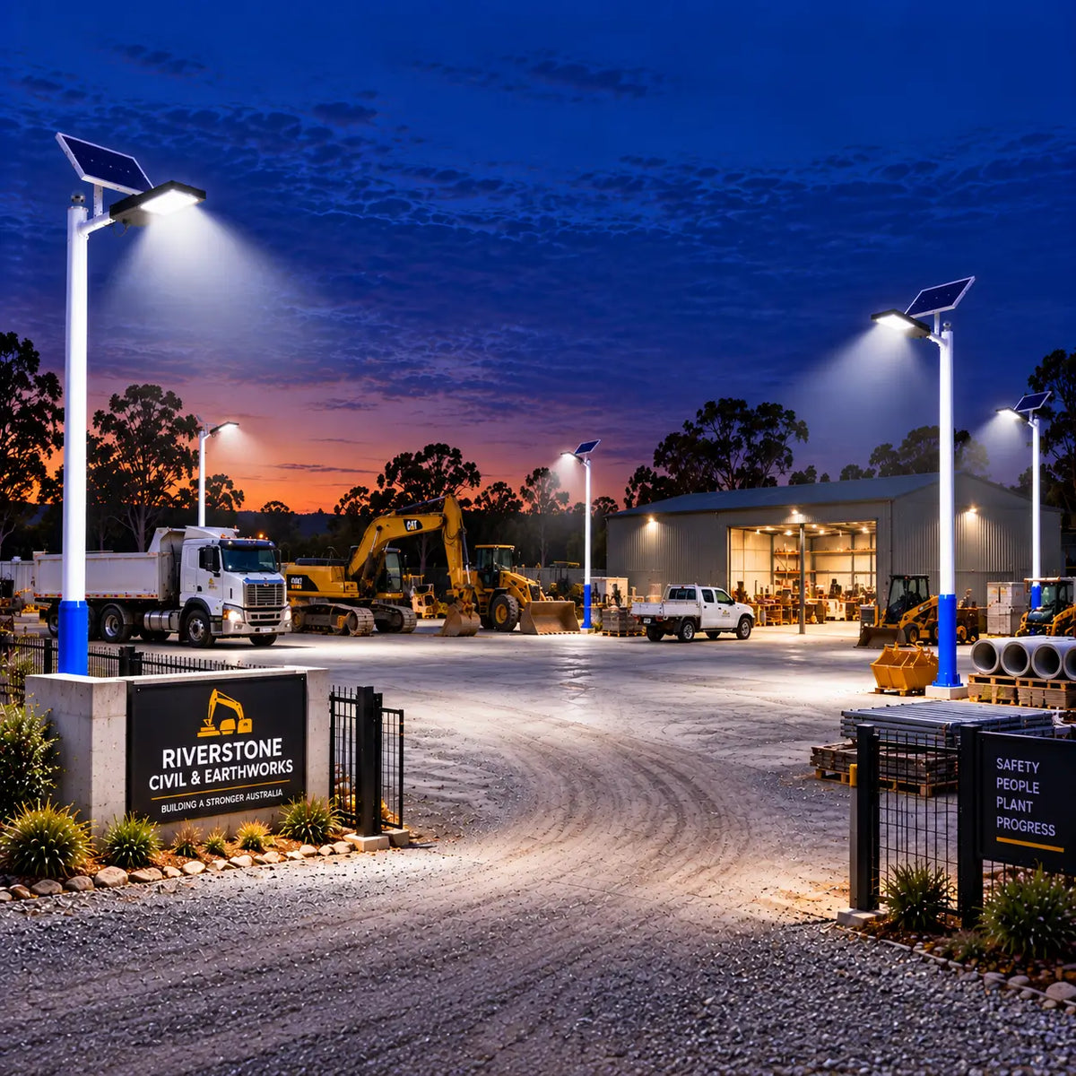 Multiple Rainman G90 commercial solar street lights pole-mounted around Riverstone Civil and Earthworks compound, providing bright 5100 lumens security illumination over excavators, tipper trucks, and maintenance workshop sheds at night.