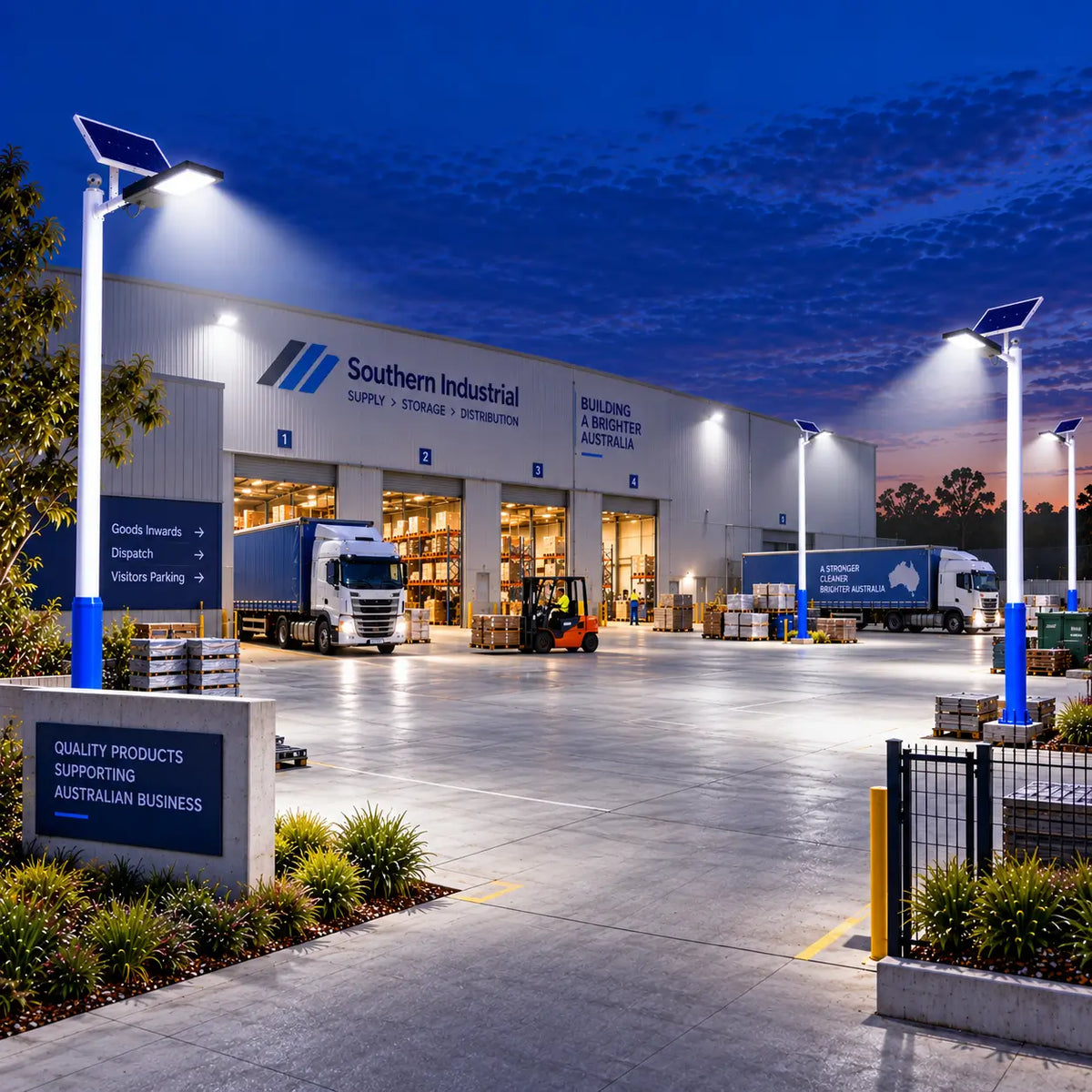 Multiple Rainman G90 commercial solar street lights pole-mounted around an industrial storage and distribution complex, casting bright 5100 lumens security illumination over delivery semi-trailers, goods inwards loading docks, and operating forklifts at night.