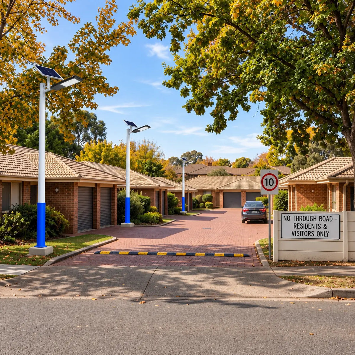 Multiple Rainman G90 commercial solar street lights pole-mounted along a paved private access road inside a multi-residential townhouse complex, providing off-grid street infrastructure lighting for residents and visitors.