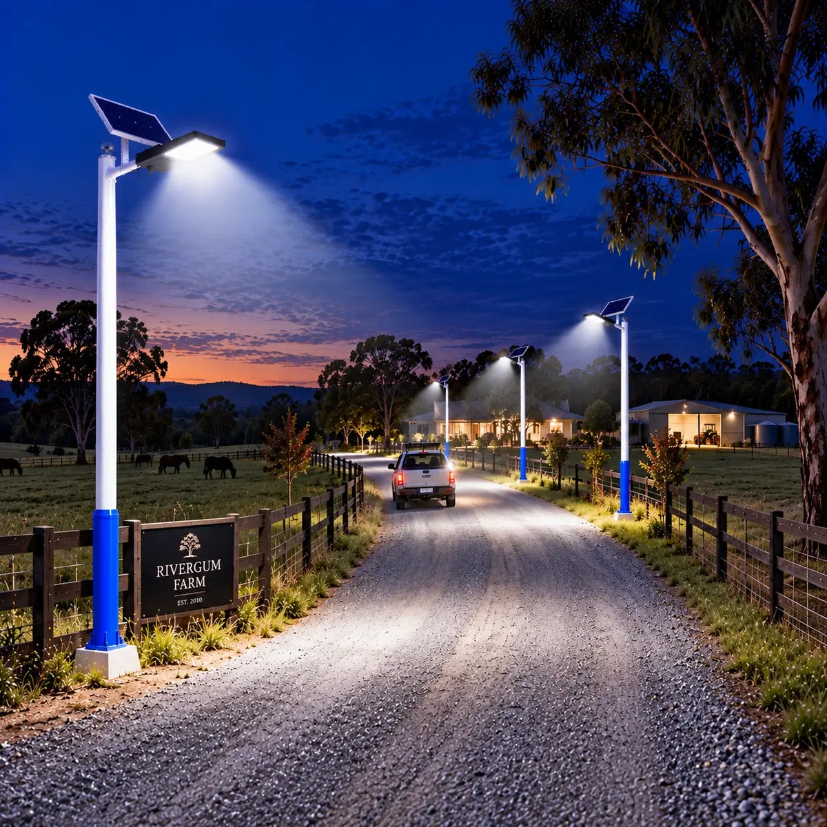 Multiple Rainman G90 commercial solar street lights pole-mounted along a winding gravel driveway at Rivergum Farm, casting a wide 5,100 lumens light spread across the access road, horse paddocks, and homestead gates at dusk.