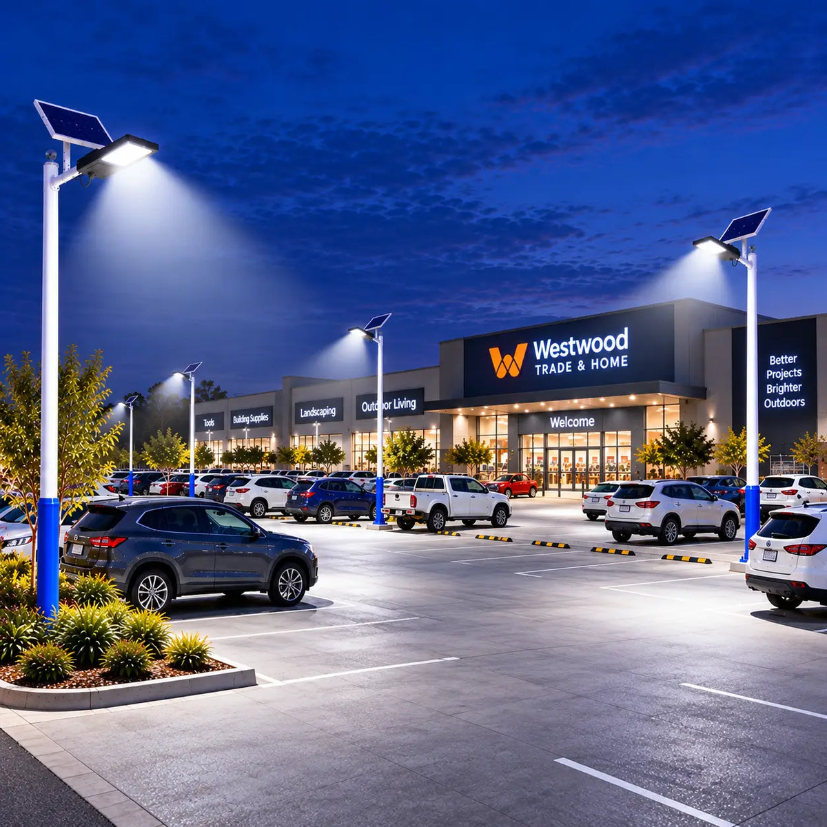 Multiple Rainman G90 commercial solar street lights pole-mounted across a large trade and hardware store car park, casting bright 5100 lumens security illumination over rows of parked cars and SUVs at night.