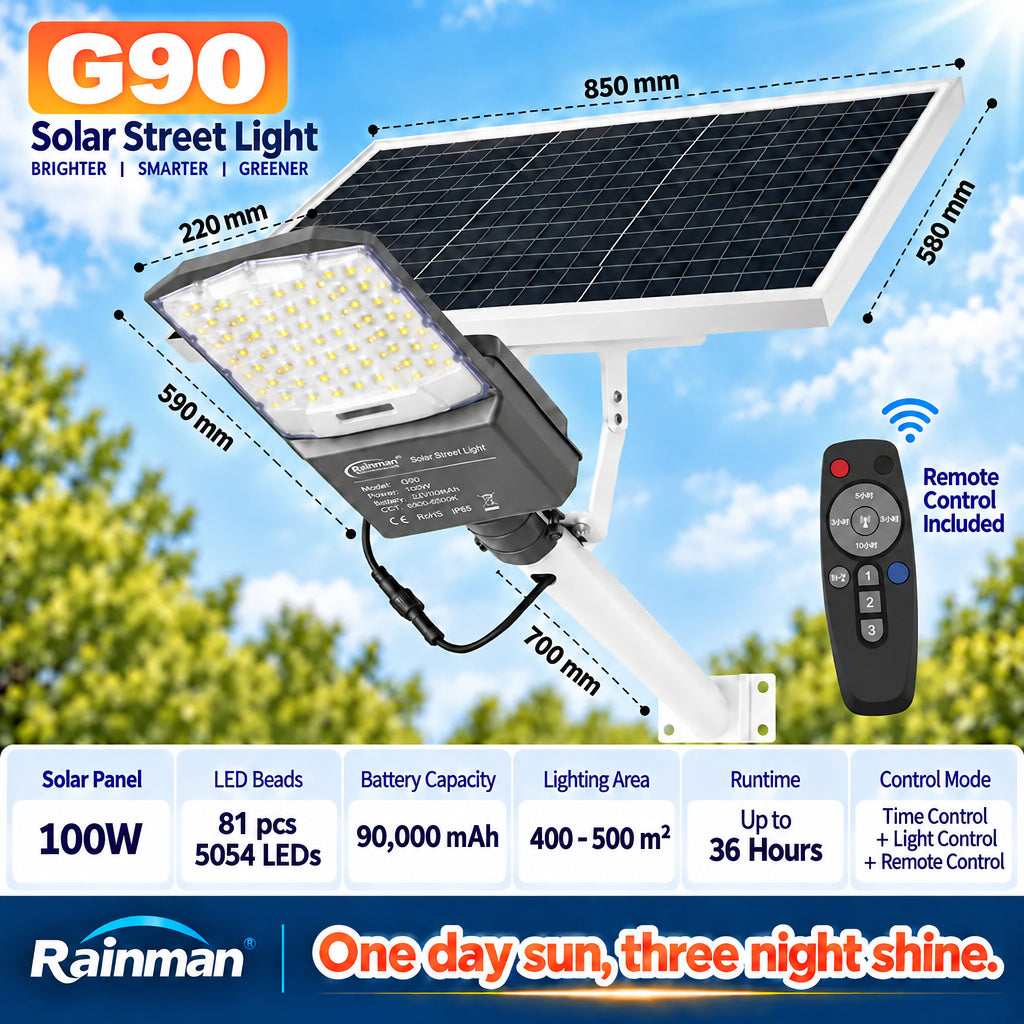 Technical infographic diagram showing the Rainman G90 solar street light physical dimensions including an 850mm by 580mm solar panel, a 590mm light fixture, and a 700mm mounting arm alongside its 100W panel capacity.