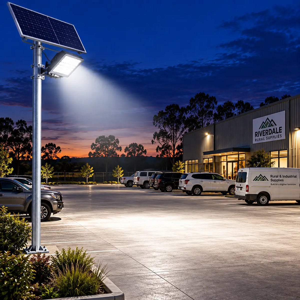 A Rainman K120 commercial solar flood light pole-mounted with its panel casting a bright standalone 8,000 lumens broad beam over Riverdale Rural Supplies business storefront asphalt car park and customer delivery vehicles at sunset.
