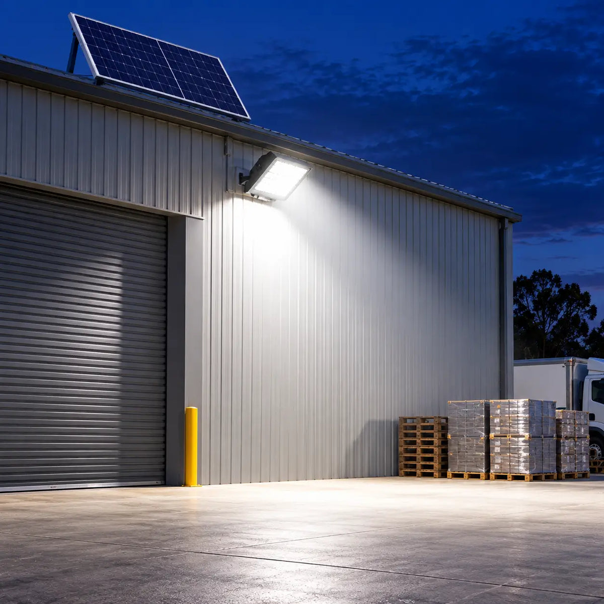 A Rainman K120 commercial solar flood light wall-mounted on a metal warehouse facility casting a bright wide angle 8000 lumens security beam over an active logistics loading dock, stacked delivery pallets, and a commercial cargo truck at night.