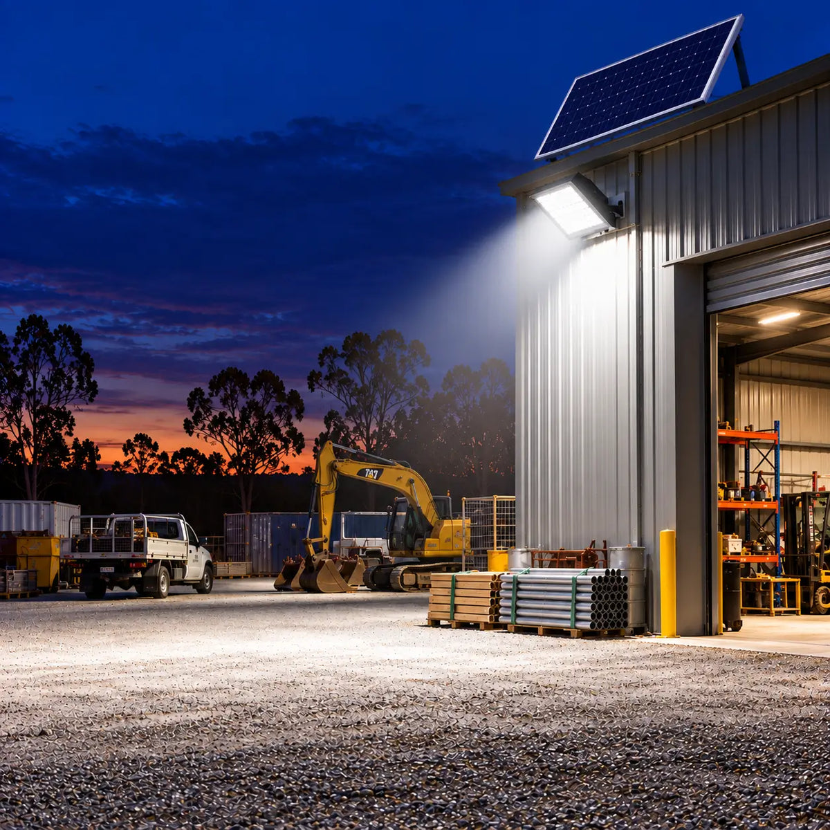 A Rainman K120 commercial solar flood light wall-mounted on a metal workshop facility casting a bright wide angle 8,000 lumens security beam over an active civil earthworks machinery yard, a yellow excavator, and a utility truck at night.