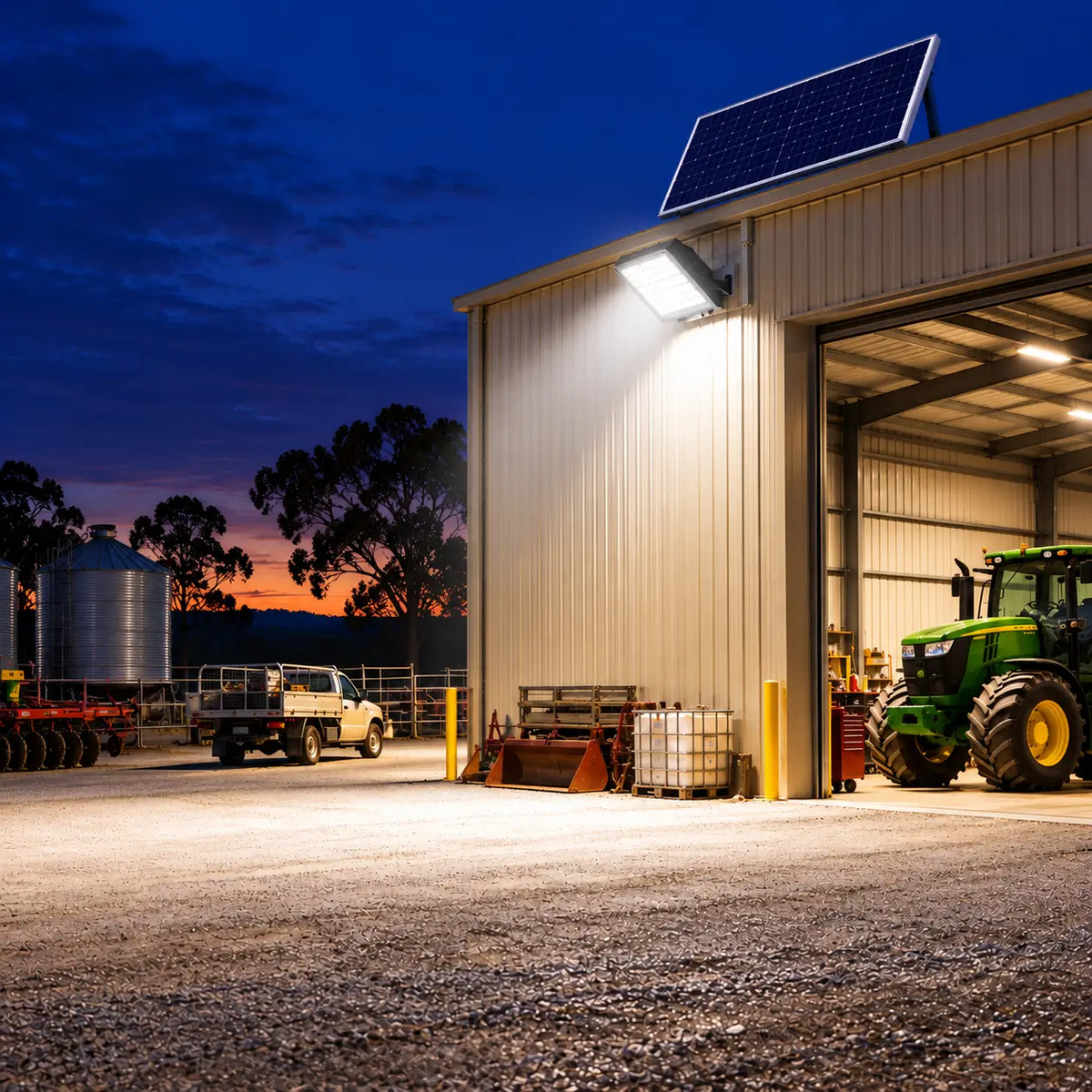 A Rainman K120 commercial solar flood light wall-mounted on a large corrugated steel farm machinery shed casting a bright eight thousand lumens broad beam over an open tractor workshop bay, grain silos, and a parked utility flatbed truck at sunset.