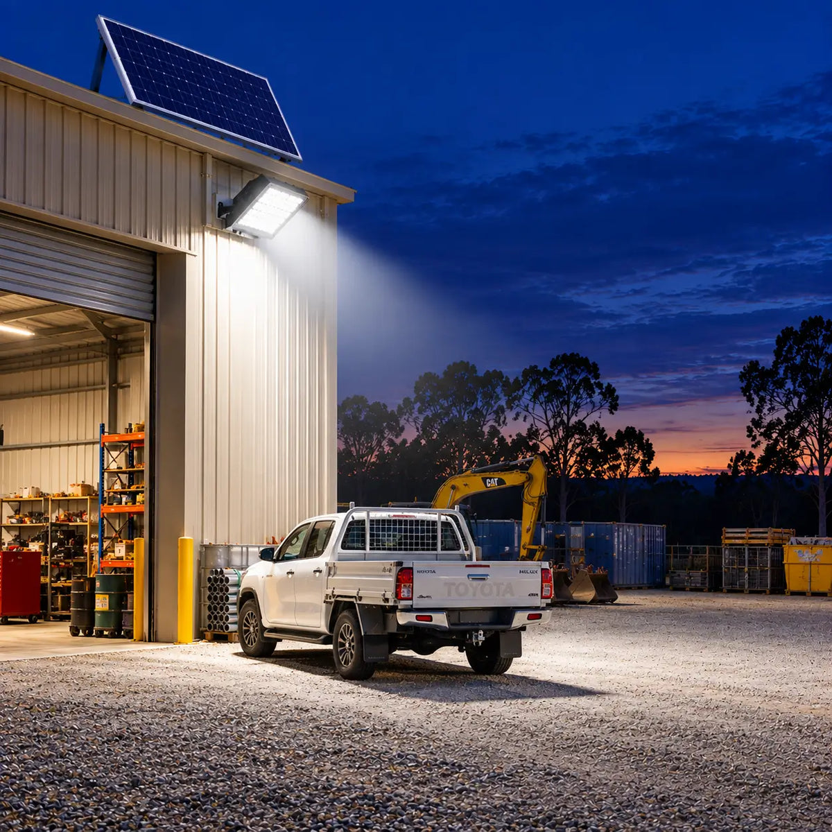 A Rainman K120 commercial solar flood light wall-mounted on a steel trade workshop facility casting a bright wide angle security beam over a gravel depot yard, a 4x4 flatbed utility truck, and heavy earthmoving machinery at sunset.