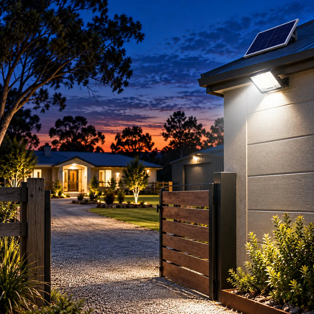 A Rainman K30 solar flood light and roof-mounted solar panel installed on a residential boundary wall, brightly illuminating a timber driveway gate, gravel entrance path, and country homestead property at dusk.
