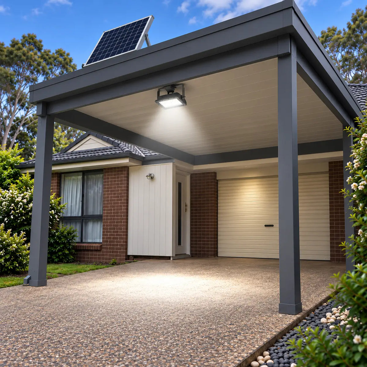 A Rainman K30 residential solar flood light ceiling-mounted under a modern charcoal-grey carport canopy, casting a bright security downlight beam over an aggregate concrete driveway and brick home entrance at dusk.