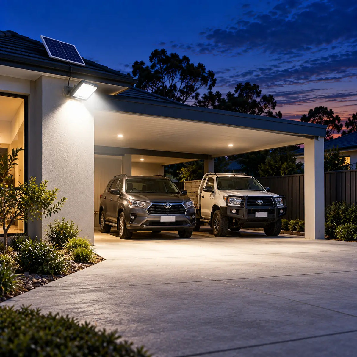 A Rainman K30 residential solar flood light wall-mounted on a modern brick home facade under the eaves, casting a bright security beam over a concrete double driveway, an open carport with an SUV and a utility truck, and front yard landscaping at sunset.
