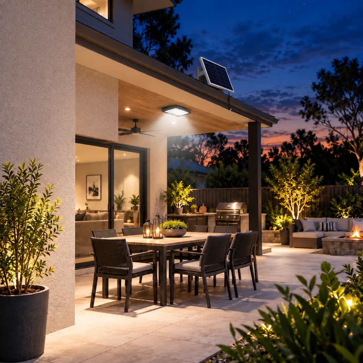 A Rainman K30 residential solar flood light ceiling-mounted under a modern timber-lined veranda soffit, casting a warm security glow over a luxury outdoor dining table, backyard alfresco kitchen, barbecue patio, and garden fire pit lounge at dusk.