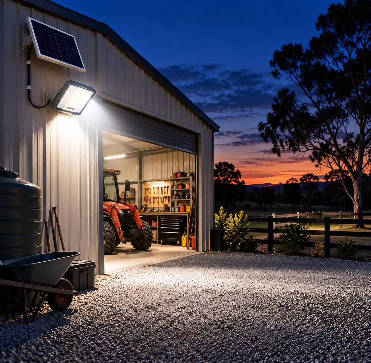 A Rainman K30 solar flood light and wall-mounted solar panel installed on a corrugated iron farm outbuilding, brightly illuminating a gravel driveway, water tank area, and an open tool shed garage with a small tractor at night.