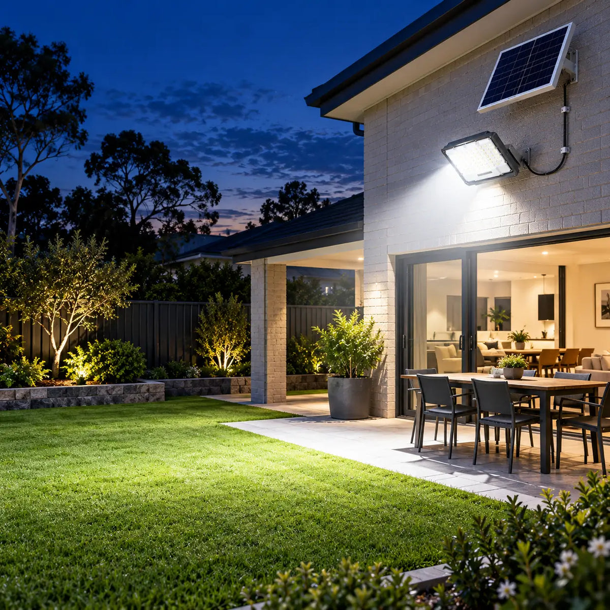 A Rainman K30 solar flood light and brick-mounted solar panel installed on a modern residential house wall, casting a bright wide angle security beam over a green grass backyard lawn, outdoor patio dining area, and perimeter fence at night.