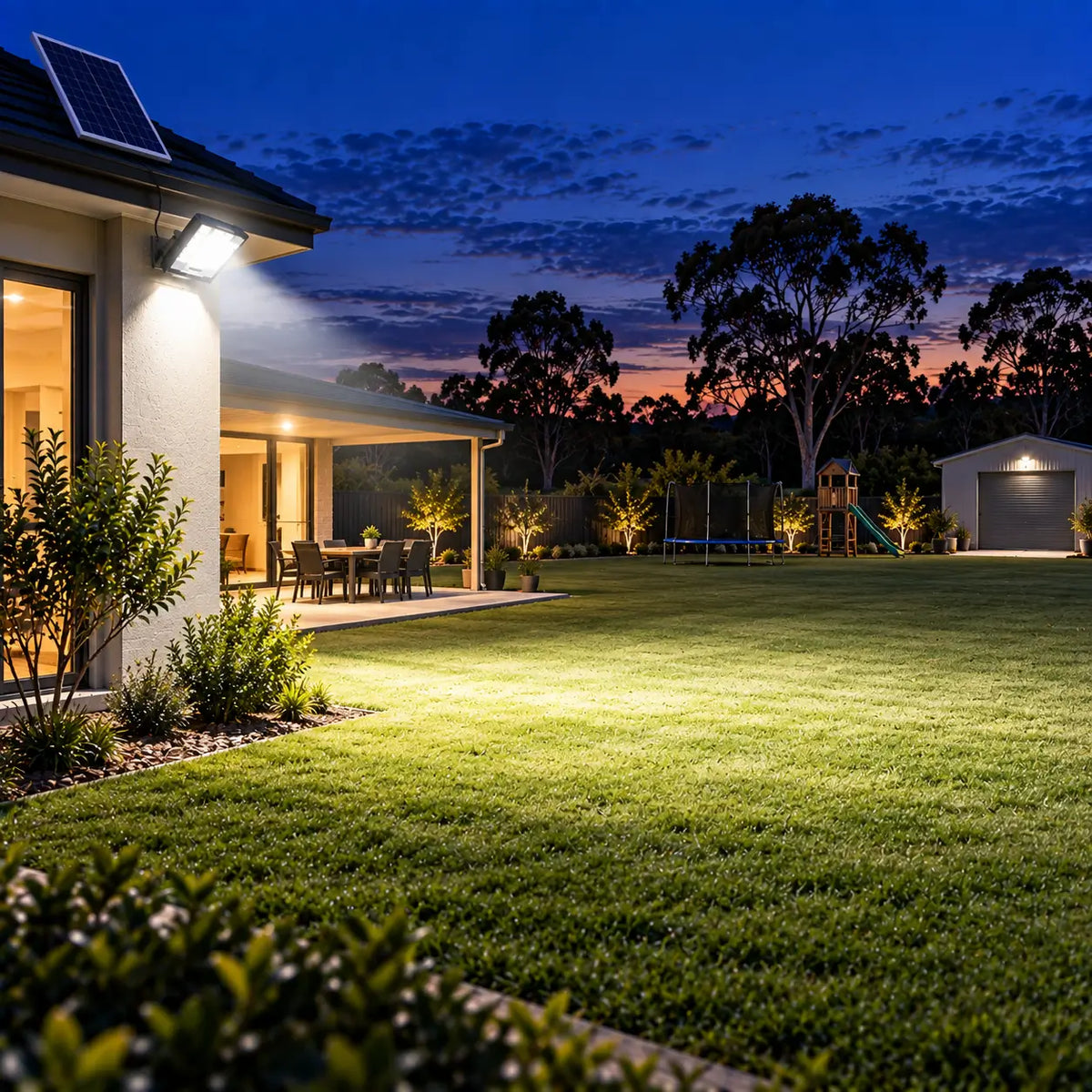 Rainman K60 solar flood light wall-mounted on a modern residential home roofline casting a bright wide angle beam over an acreage backyard green grass lawn, patio alfresco dining area, and outdoor property shed at night.