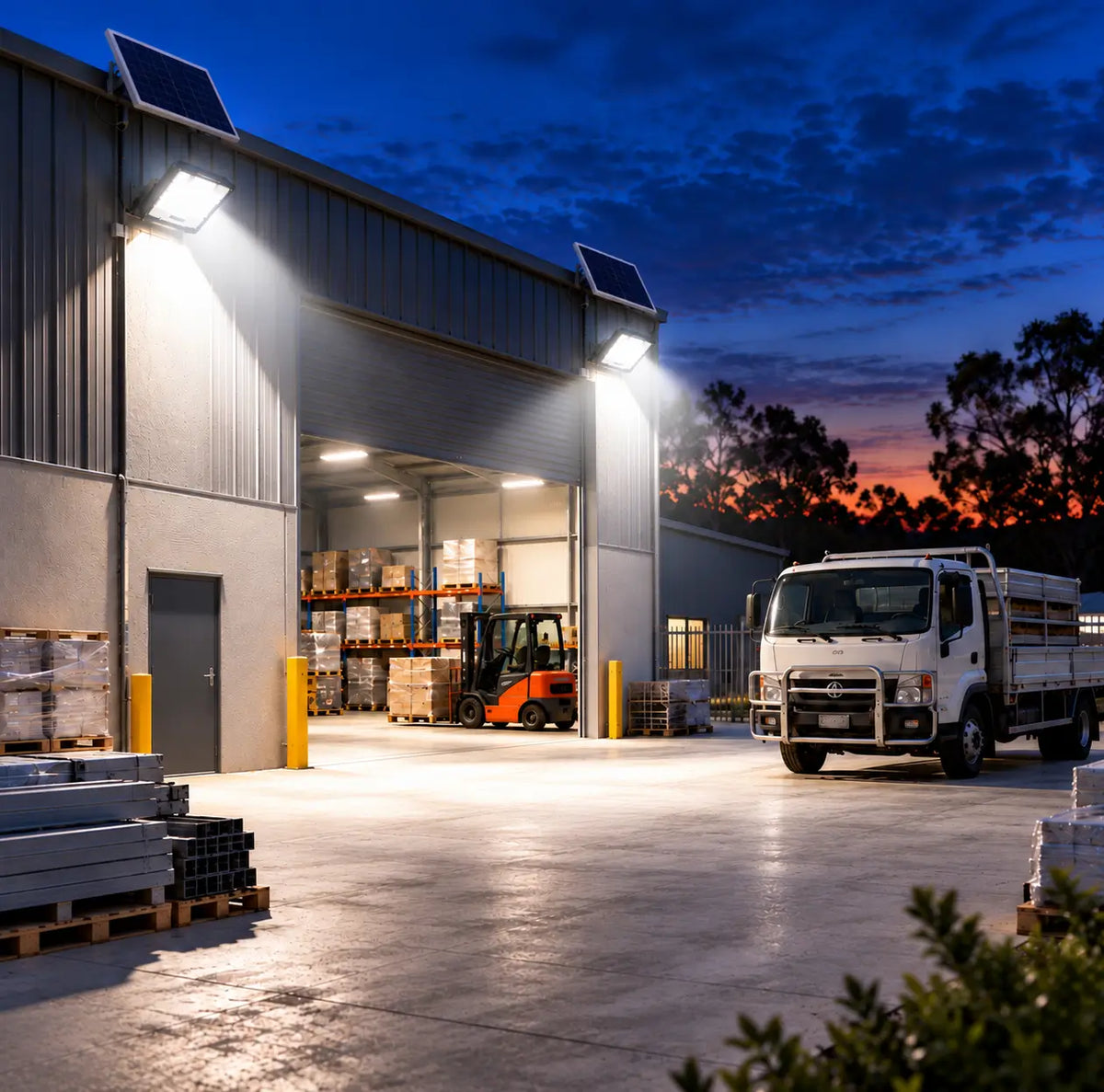 Two Rainman K60 solar flood lights wall-mounted on a commercial warehouse facility casting bright wide angle beams over an active logistics loading dock, flatbed delivery truck, and operating forklift at sunset.