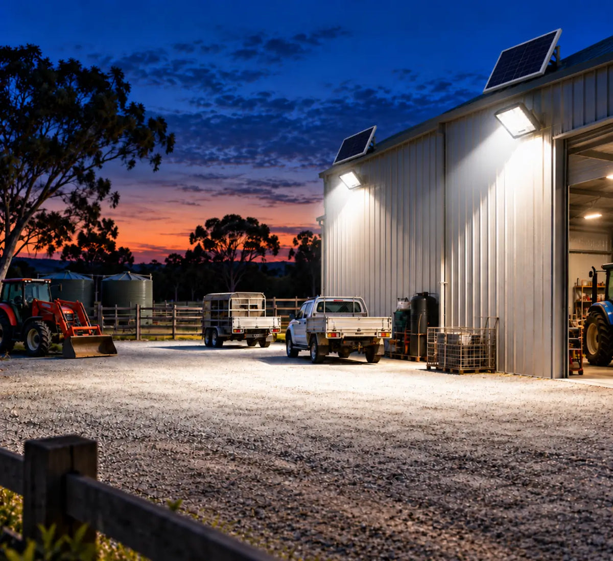 Two Rainman K60 solar flood lights wall-mounted on a large corrugated steel farm machinery shed casting bright five thousand five hundred lumens beams over a utility truck, trailer, and tractor in an agricultural yard at sunset.