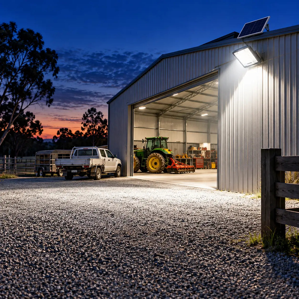 A Rainman K60 solar flood light wall-mounted on a corrugated iron farm machinery workshop shed, casting a bright five thousand five hundred lumens safety beam over a gravel driveway entry at sunset.