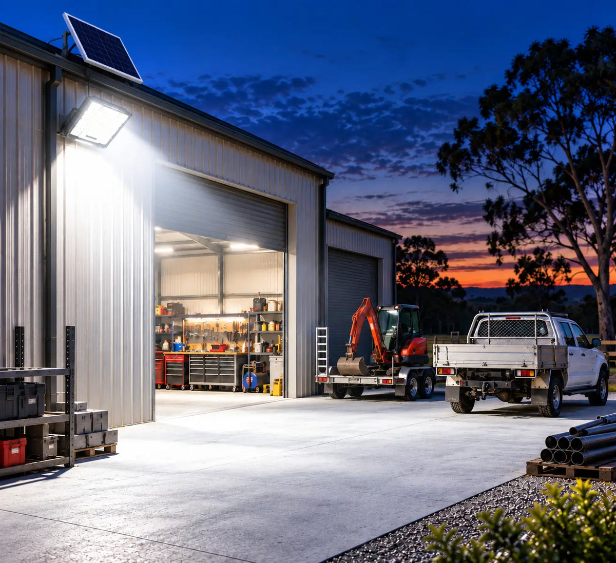 Rainman K60 solar flood light mounted on an industrial trade shed exterior wall casting a bright wide angle security beam over a concrete driveway, utility truck, and mini excavator at sunset.