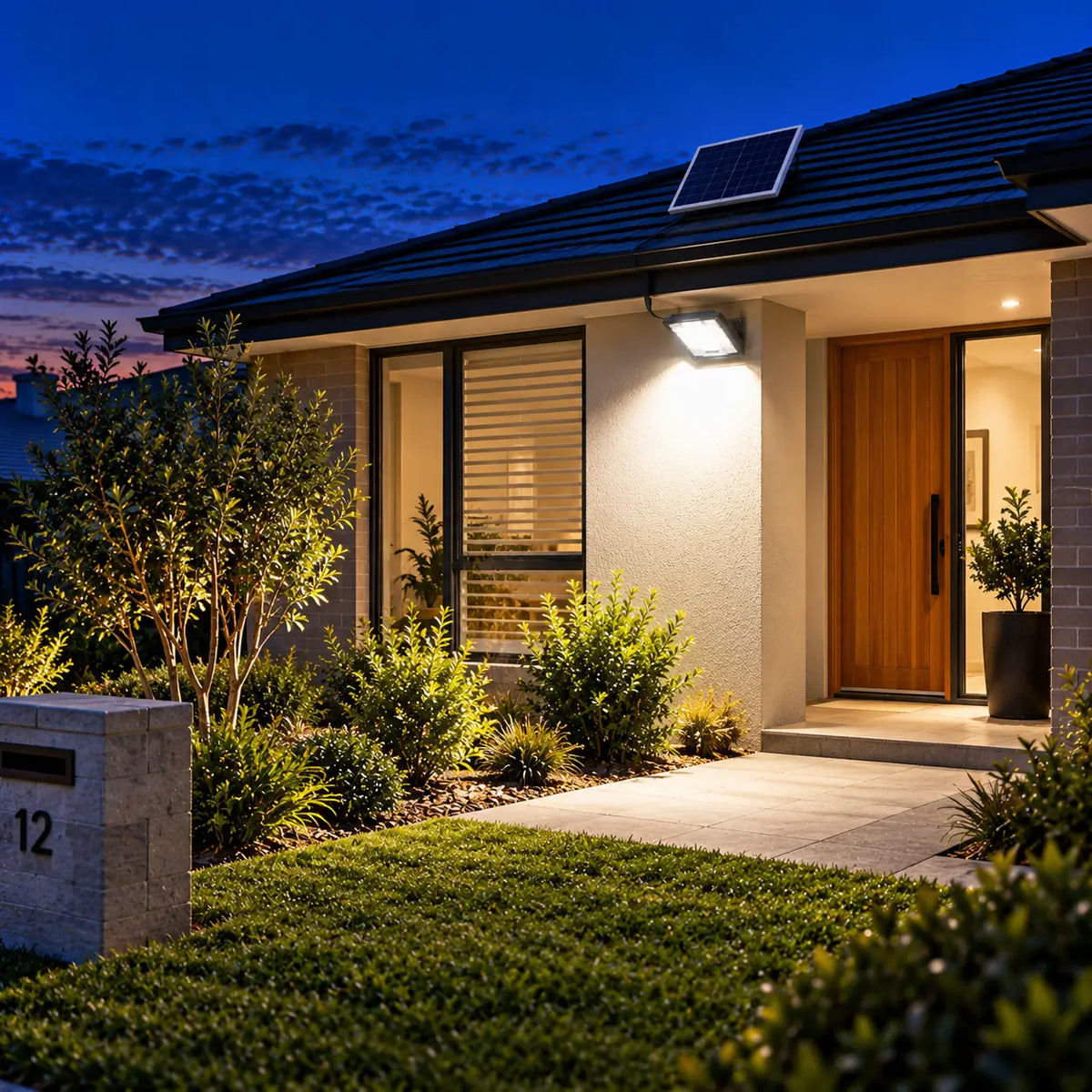 Rainman K60 solar flood light wall-mounted under the eaves of a modern brick home facade, casting a bright security light beam across a concrete porch entry path and front yard garden lawn at night.