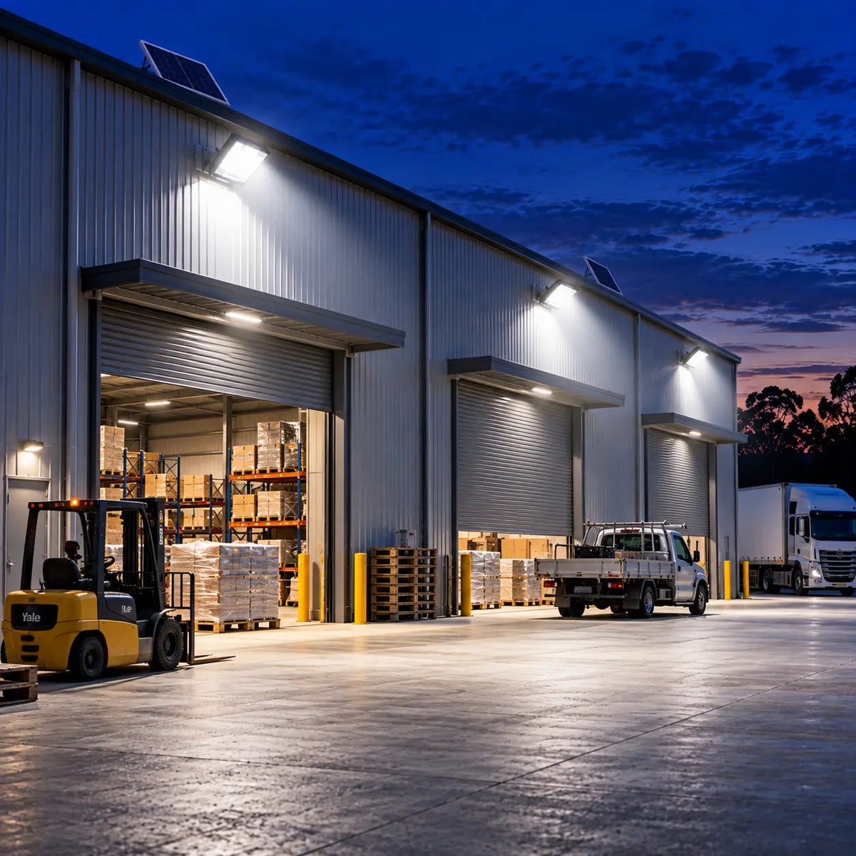 Multiple Rainman K90 commercial solar flood lights wall-mounted across a large industrial warehouse facility, casting bright 6,500 lumens security lighting over roller doors, an active forklift, a trade utility truck, and a freight semi-trailer at night.