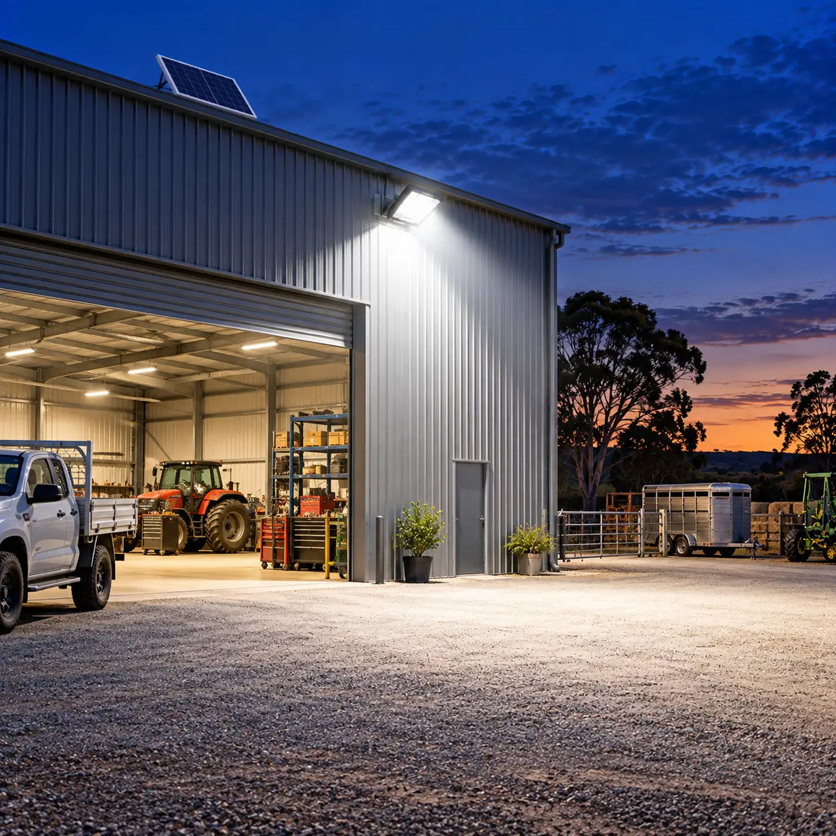 A Rainman K90 commercial solar flood light mounted high on a large corrugated steel farm machinery shed wall, casting a massive six thousand five hundred lumens safety beam over a gravel driveway compound, utility truck, and open tractor workshop bays at dusk.
