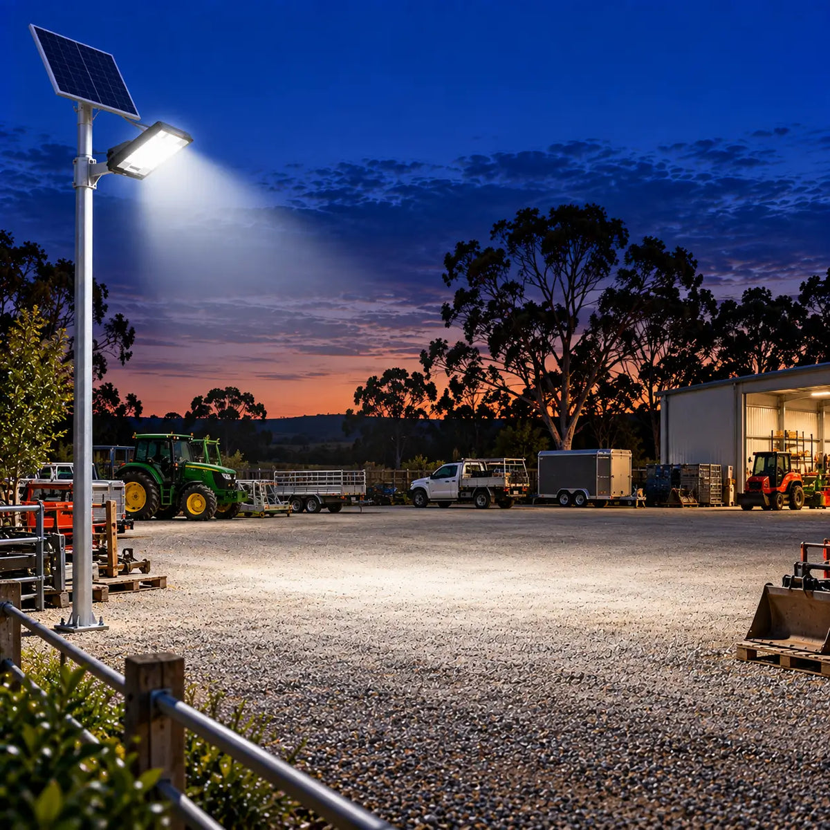 A Rainman K90 commercial solar flood light pole-mounted with its panel casting a bright standalone security beam over a gravel farm yard, tractors, utility vehicles, and open machinery storage sheds at sunset.