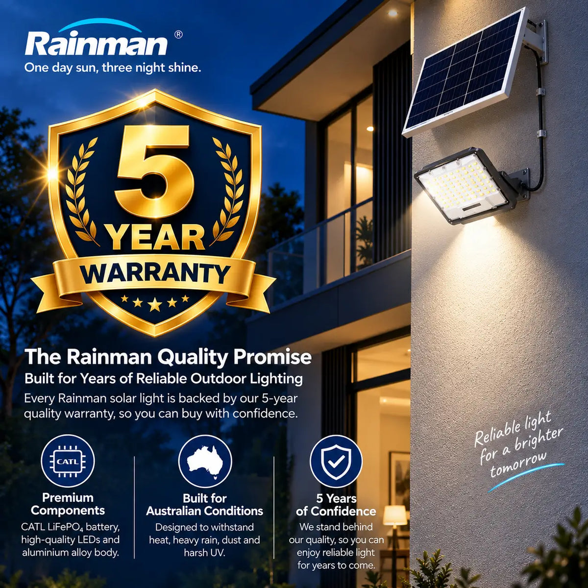 Infographic showcasing the five year Rainman quality promise warranty badge for solar flood lights highlighting premium CATL components built for harsh Australian conditions.