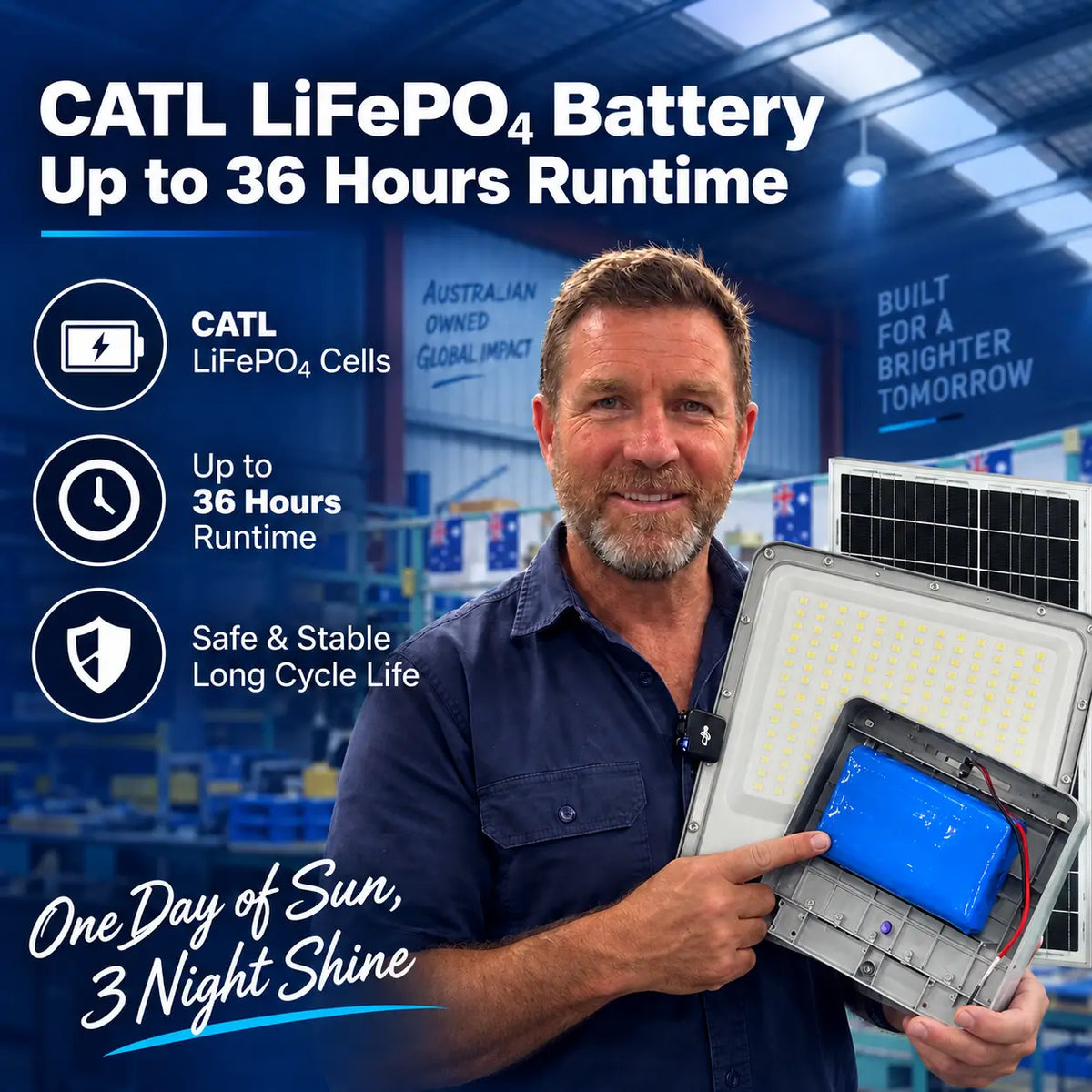Rainman solar lighting expert demonstrating the internal premium CATL LiFePO4 battery cell packs inside an outdoor solar flood light offering a stable long cycle life and thirty six hours of runtime.