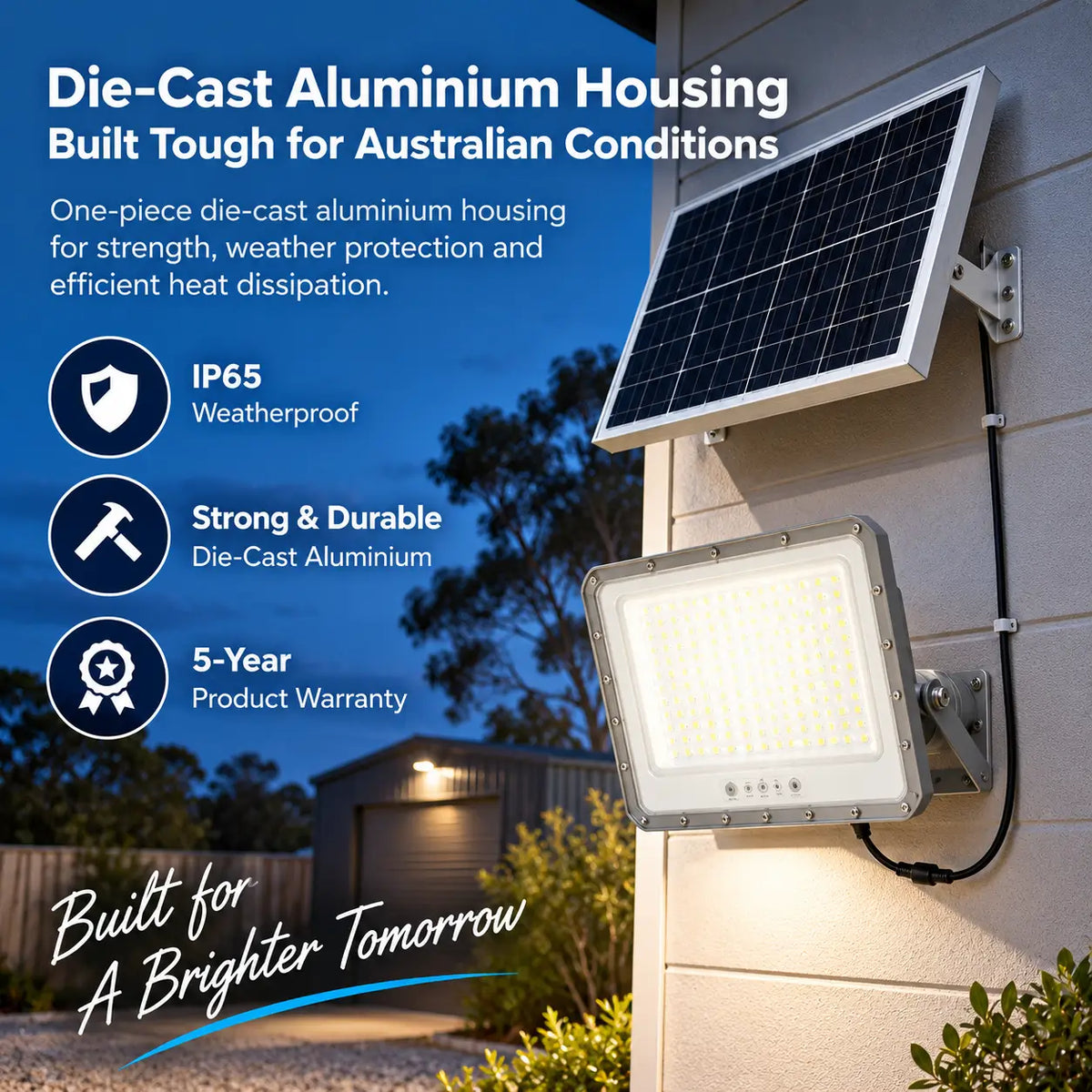 Technical infographic explaining the Rainman one-piece die-cast aluminium housing with IP65 weatherproof rating and a 5-year product warranty built for Australian outdoor conditions.