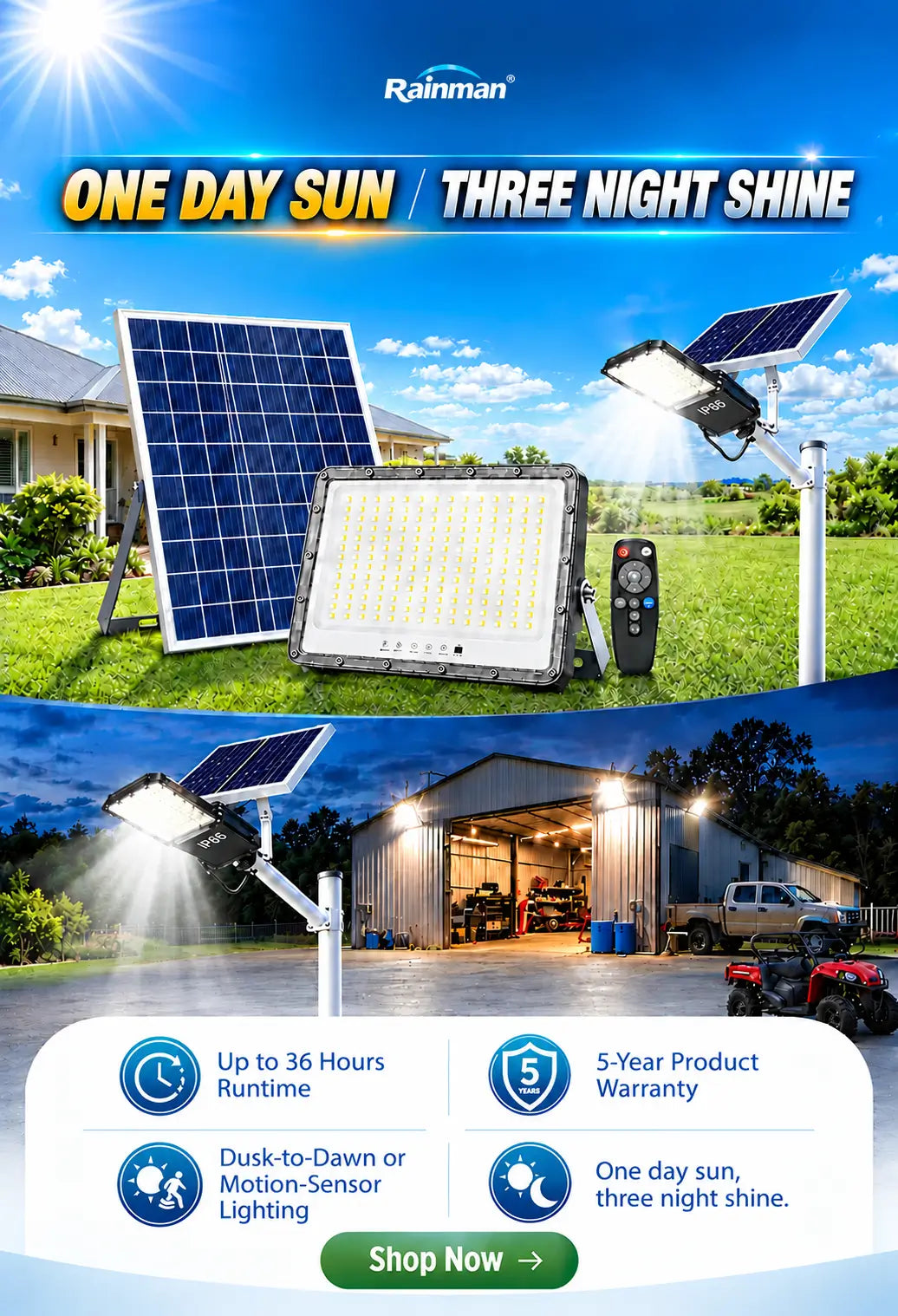 Rainman IP65 waterproof solar flood light kit with solar panel, remote, and 5-year warranty for mobile homepage banner.