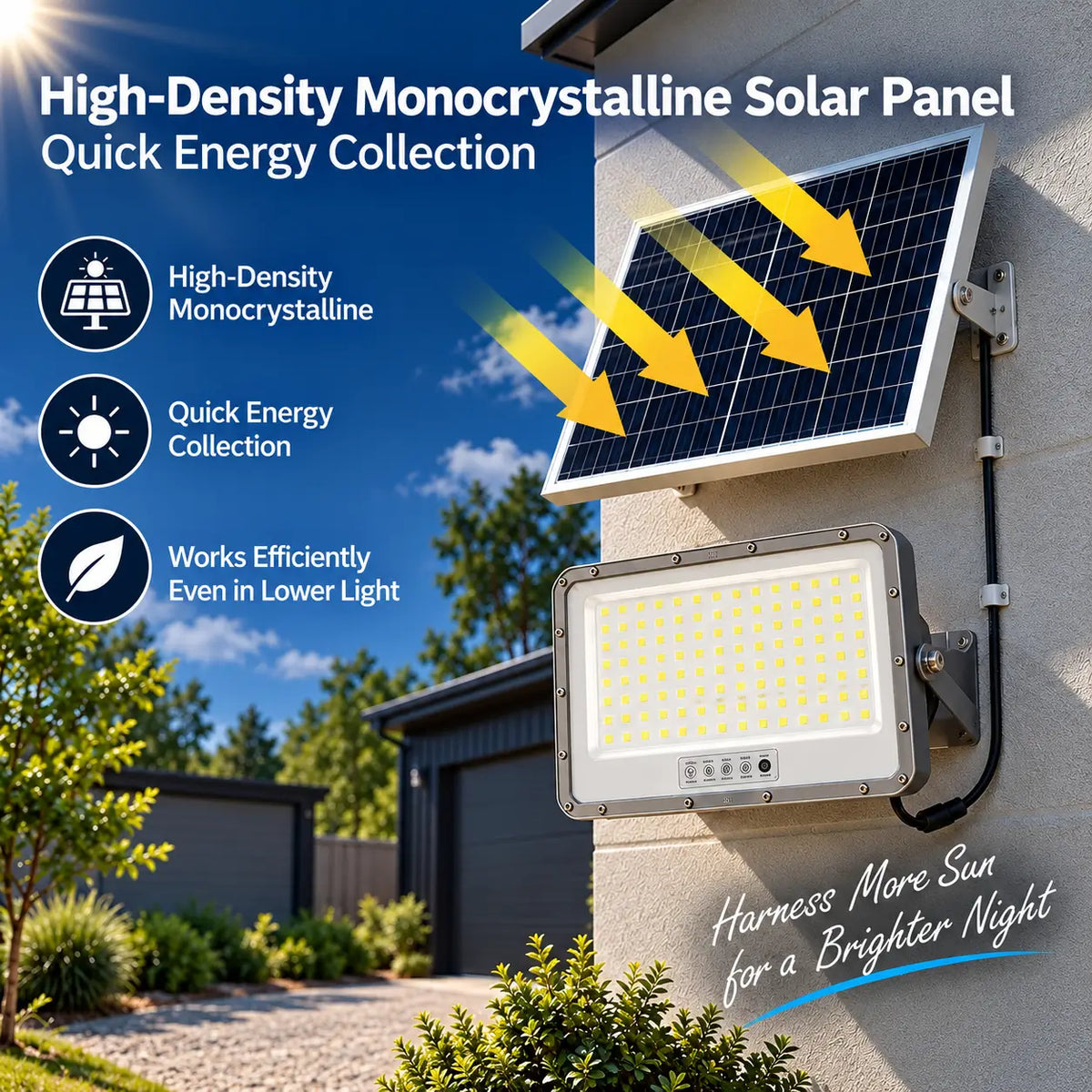 Technical infographic explaining the Rainman high density monocrystalline solar panel detailing its quick energy collection capabilities and efficient charging performance under lower light conditions.