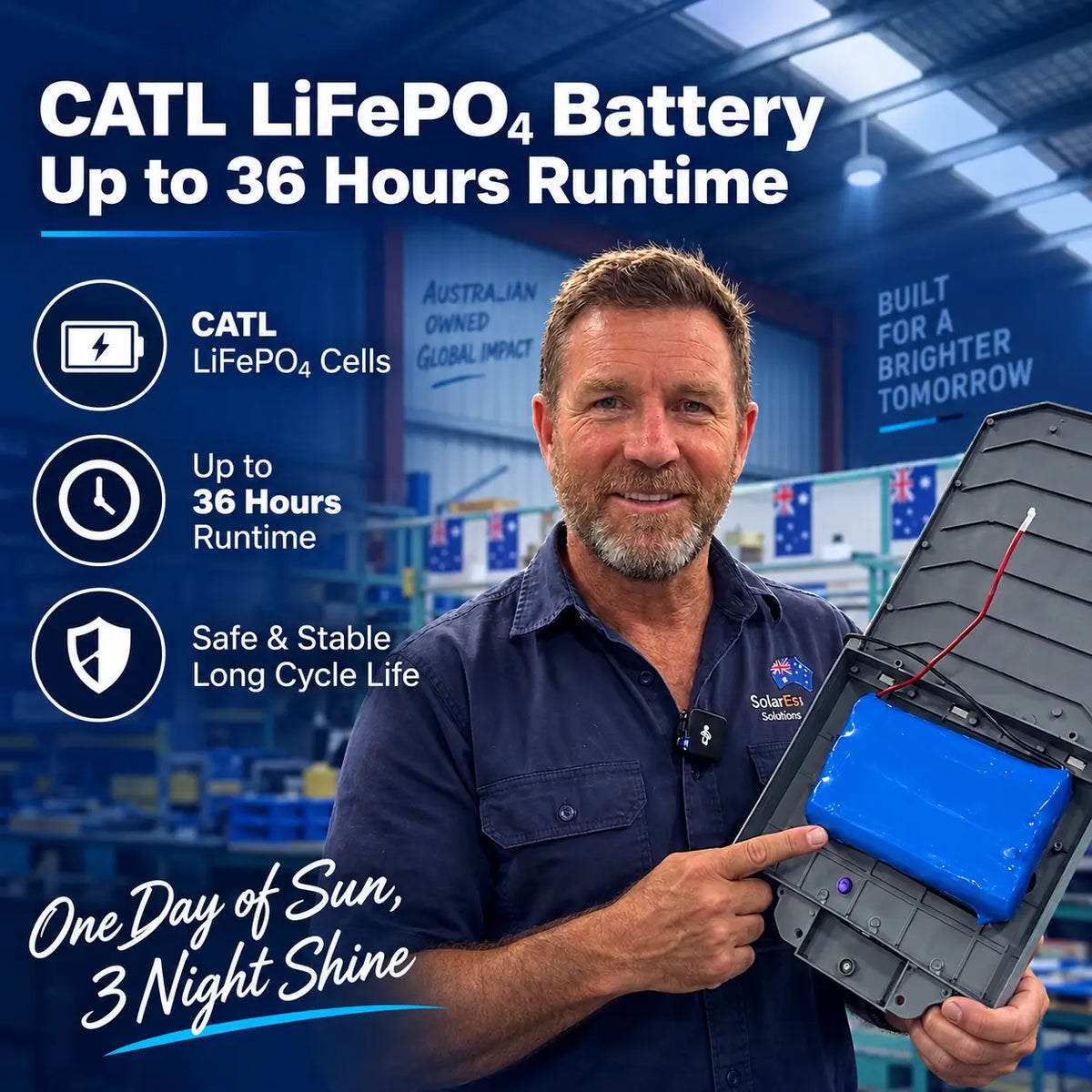Rainman solar lighting expert demonstrating the internal premium CATL LiFePO4 battery cell packs offering a stable long cycle life and up to 36 hours of runtime.