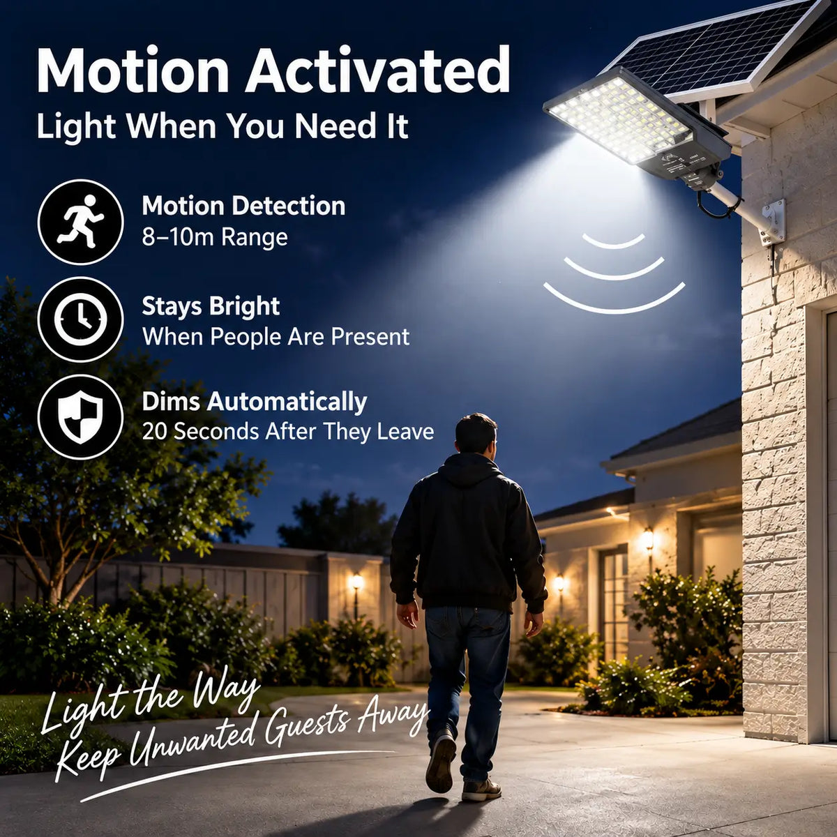 Infographic explaining the motion activated sensor capability of Rainman solar security lights showing an eight to ten metre detection range that stays bright when people are present.