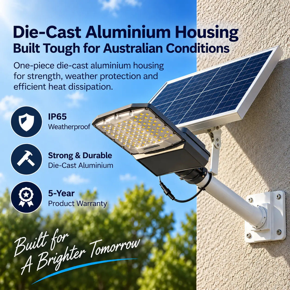 Infographic showcasing the Rainman one-piece die-cast aluminium housing with IP65 weatherproof rating and a 5-year product warranty built for Australian outdoor conditions.