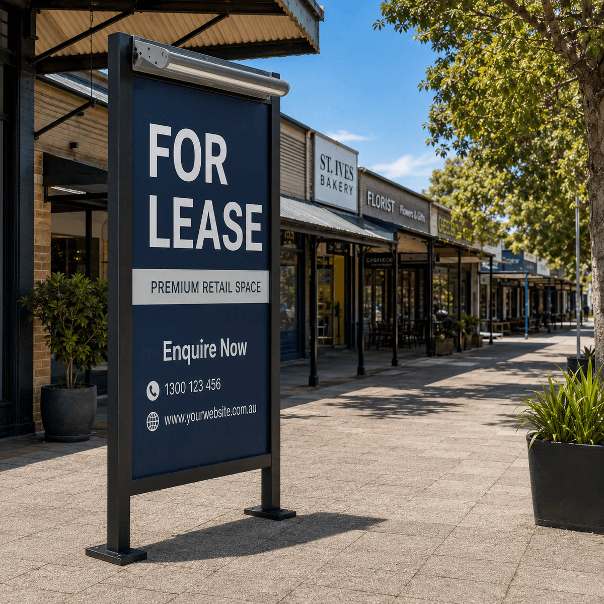 A commercial real estate sign light solar bar is mounted to a prominent for lease board along an outdoor Australian shopping strip during the day.