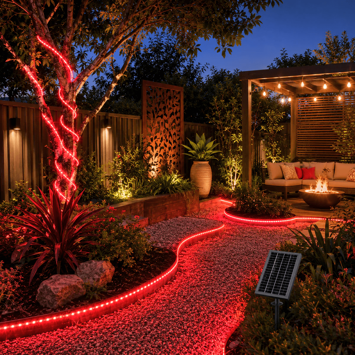 Red solar fairy lights outdoor lining a gravel garden pathway and wrapped around a tree branch next to an outdoor fire pit seating area.