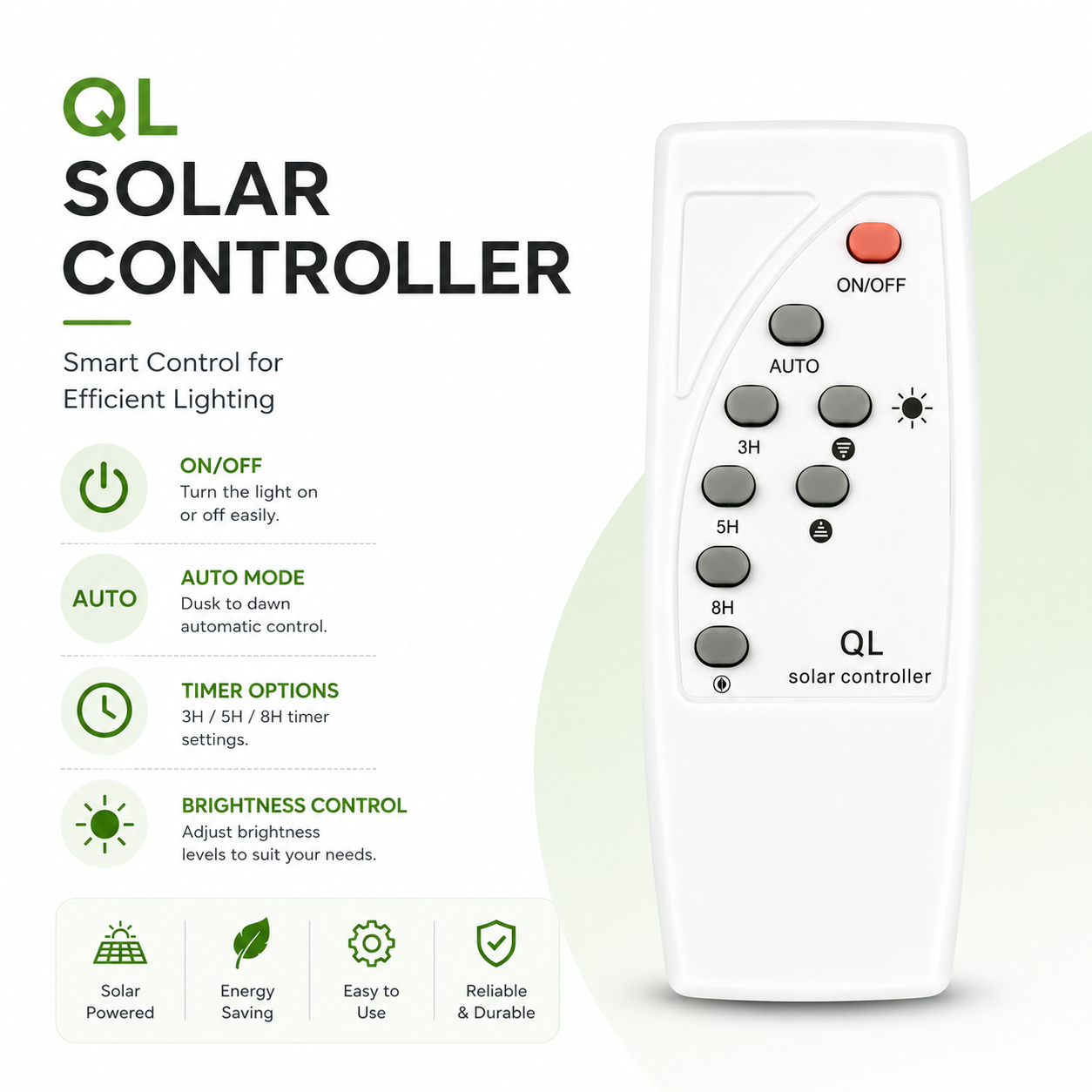 A wireless remote control functions breakdown for an RGB solar powered flood light highlighting timer settings and dimmable brightness adjustments.