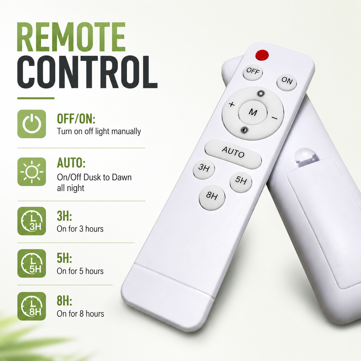 Wireless remote control displaying settings for a fixed colour solar flood light including auto dusk to dawn mode and programmable timers.