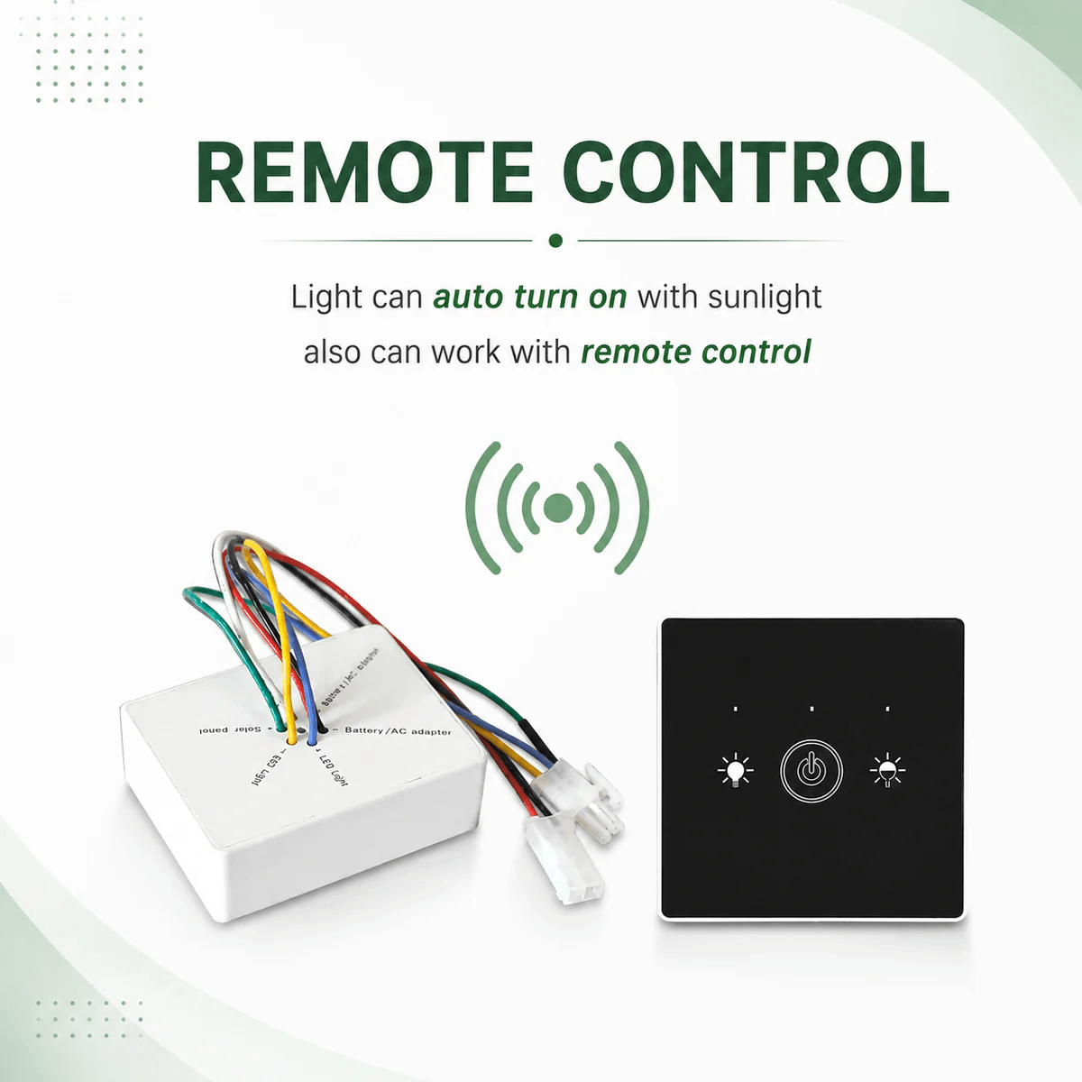 An infographic detailing the wireless remote control and receiver unit for a solar skylight alternative, showcasing the automated light system that turns on with sunlight or manual remote operation.