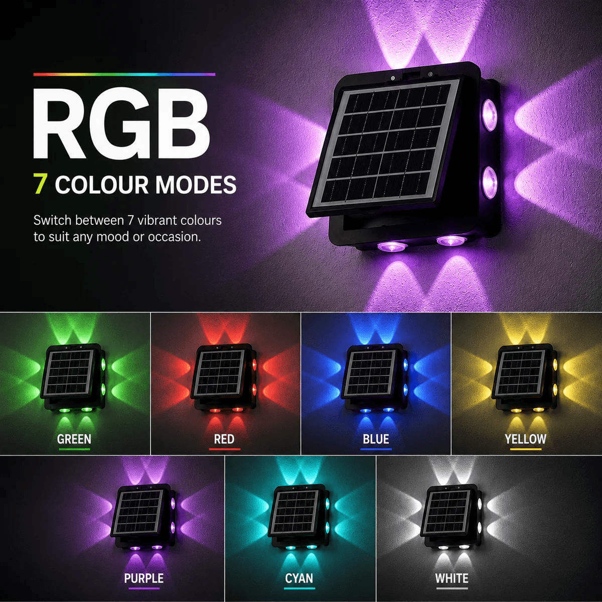 An infographic grid displaying an RGB solar wall light showcasing its 7 distinct colour modes including green, red, blue, yellow, purple, cyan, and white.